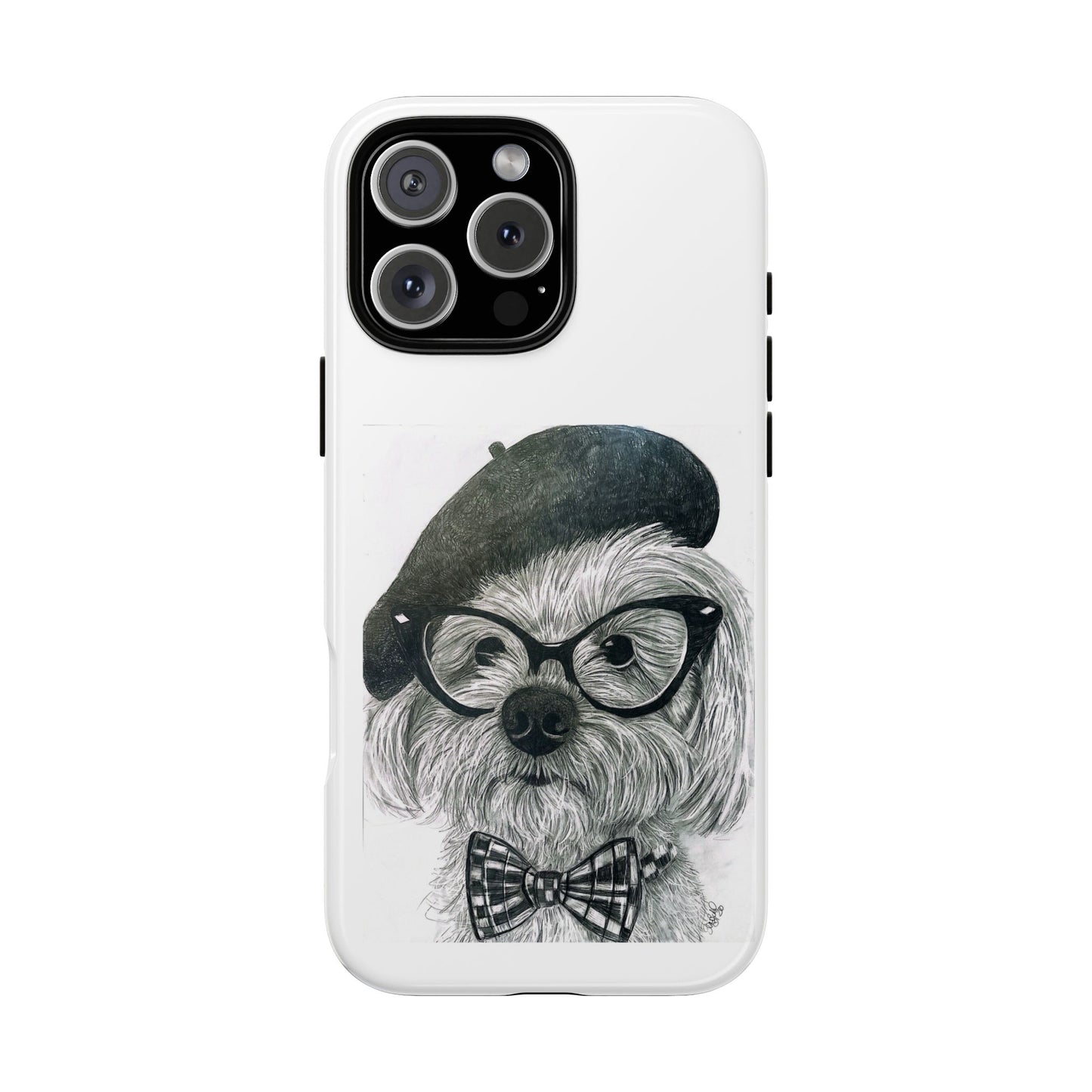 Dog Portrait Phone Case — Dexter with Beret, Glasses & Bow Tie