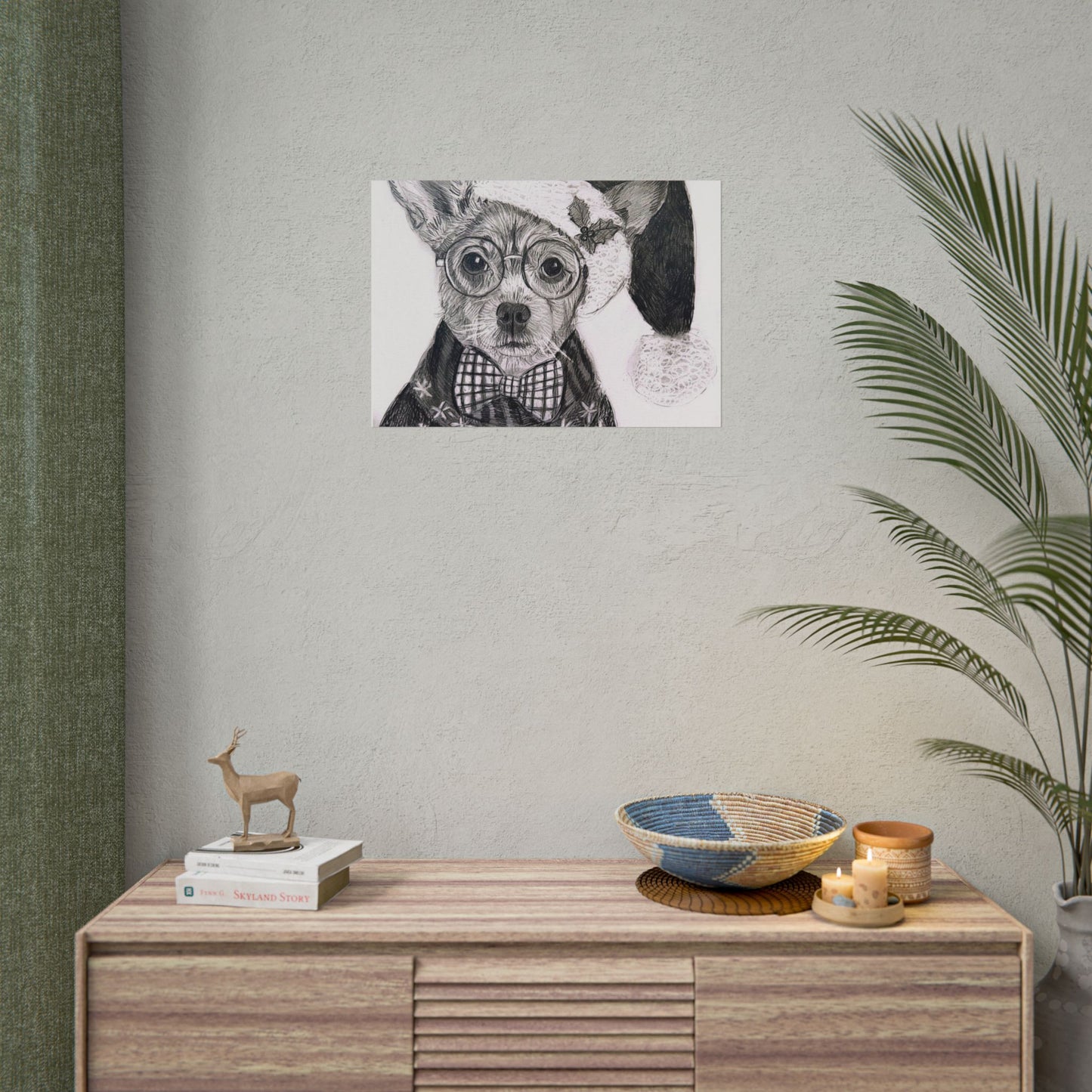 Brutus in Santa Hat Rolled Poster — Holiday Dog Art Print