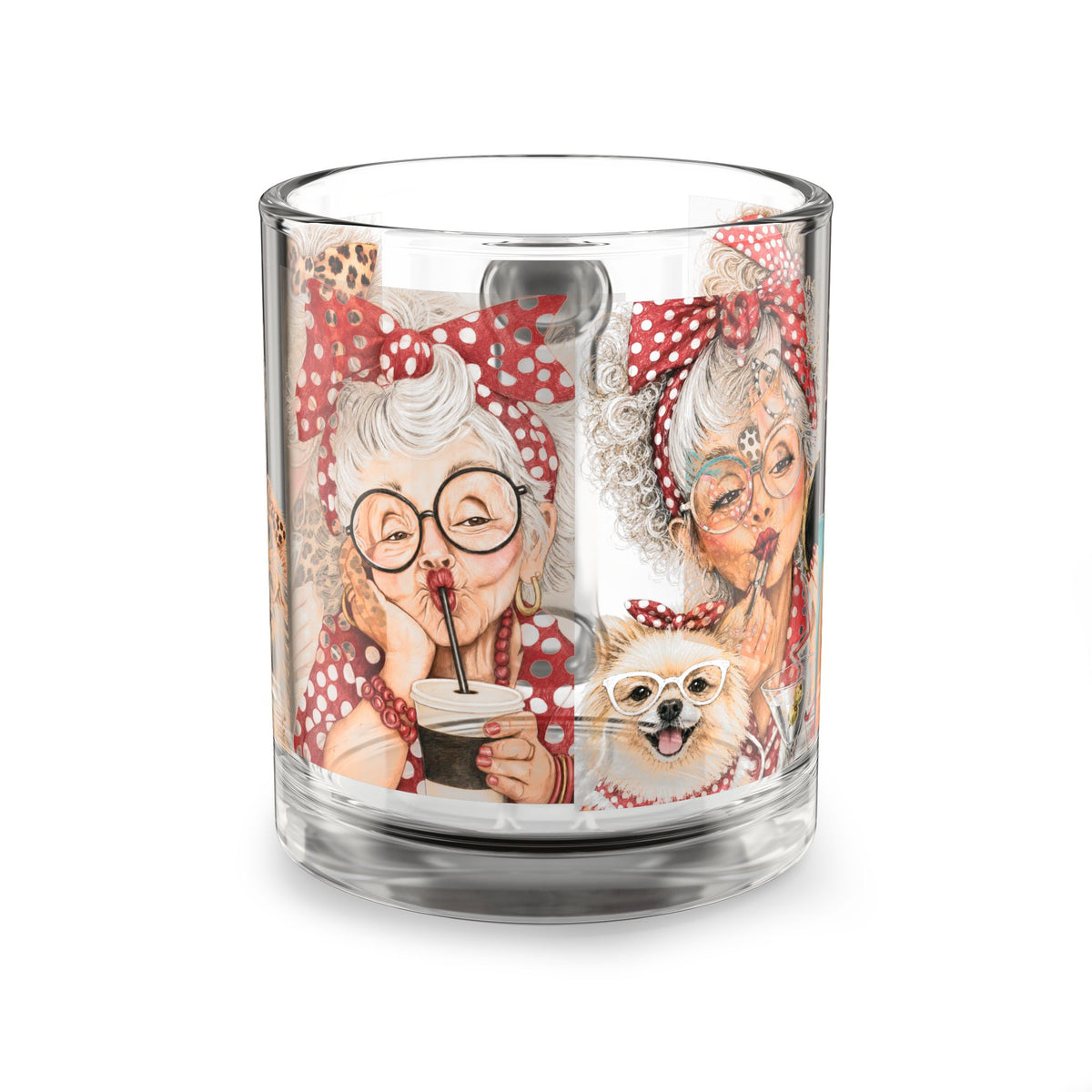 10oz Glass Mug — the faces of Perky Pearl and Latte
