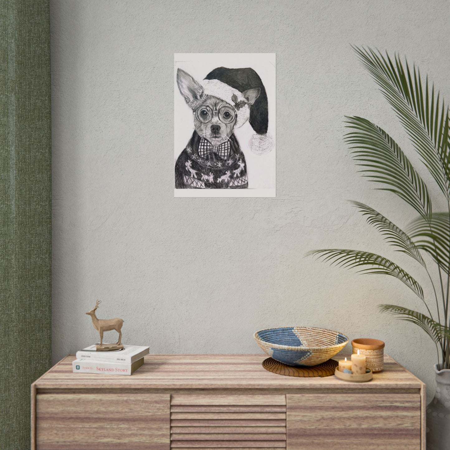 Brutus in Santa Hat Rolled Poster — Holiday Dog Art Print