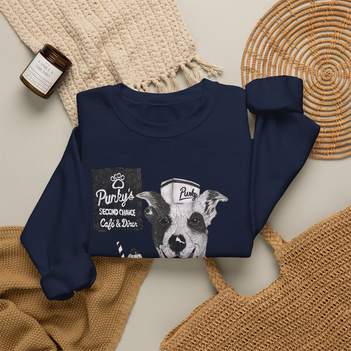 Dog Crewneck Sweatshirt — 'Meet Punky' Rescue Cafe Graphic