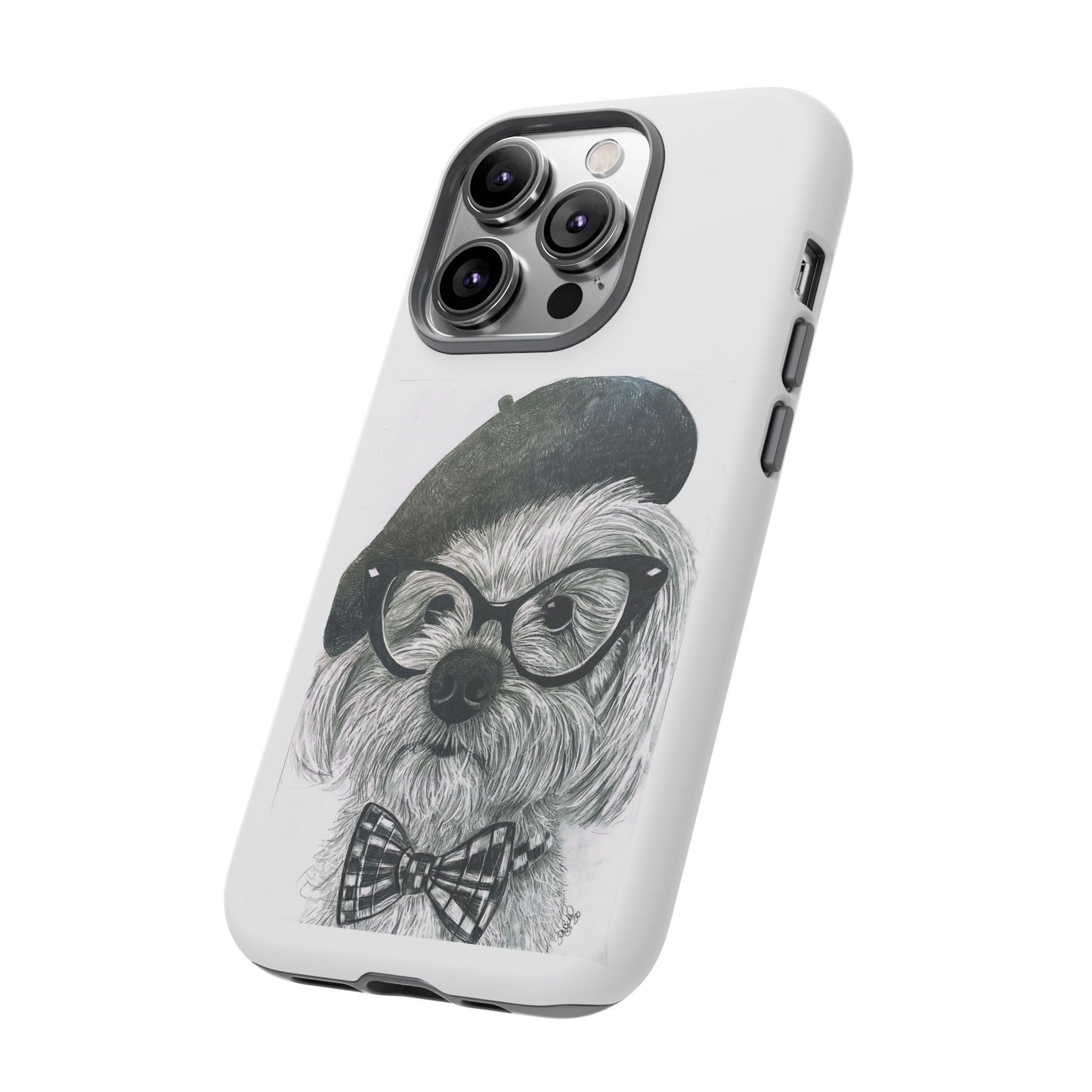 Dog Portrait Phone Case — Dexter with Beret, Glasses & Bow Tie