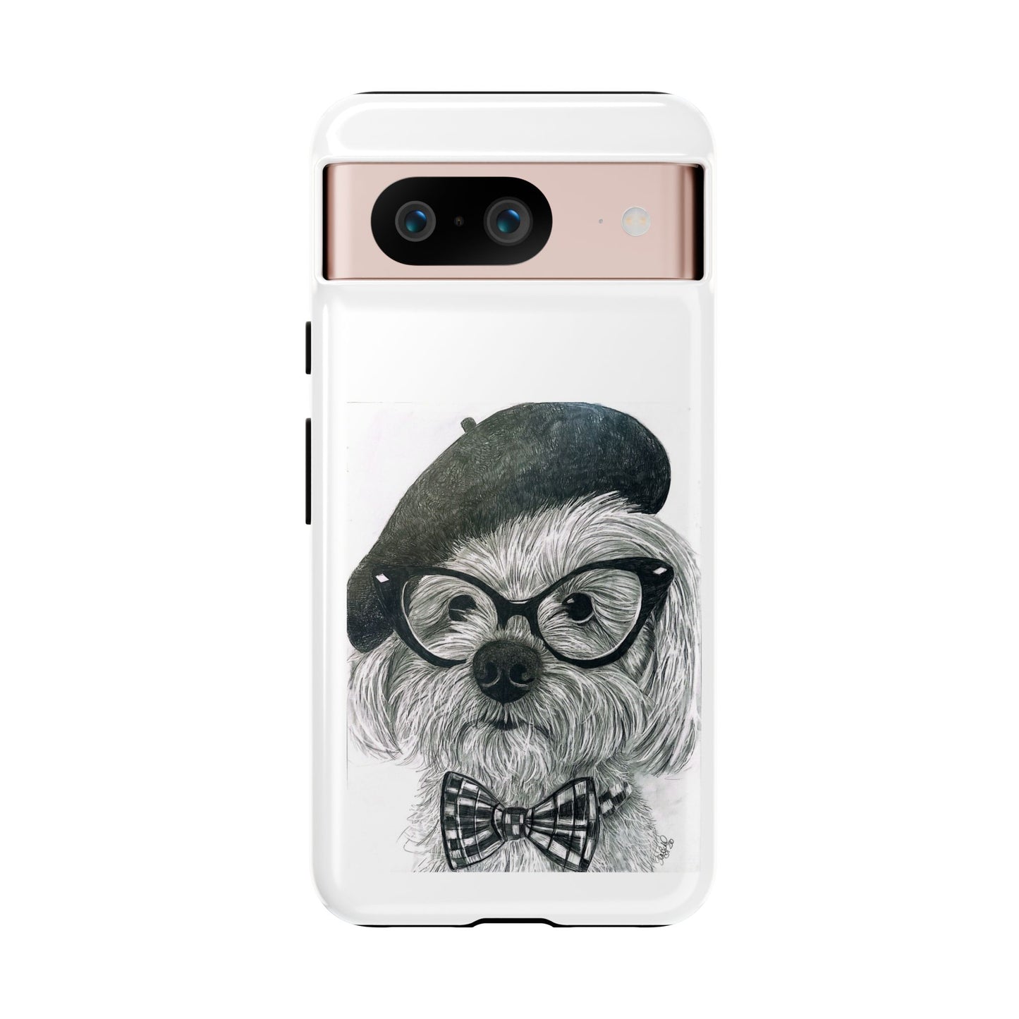 Dog Portrait Phone Case — Dexter with Beret, Glasses & Bow Tie