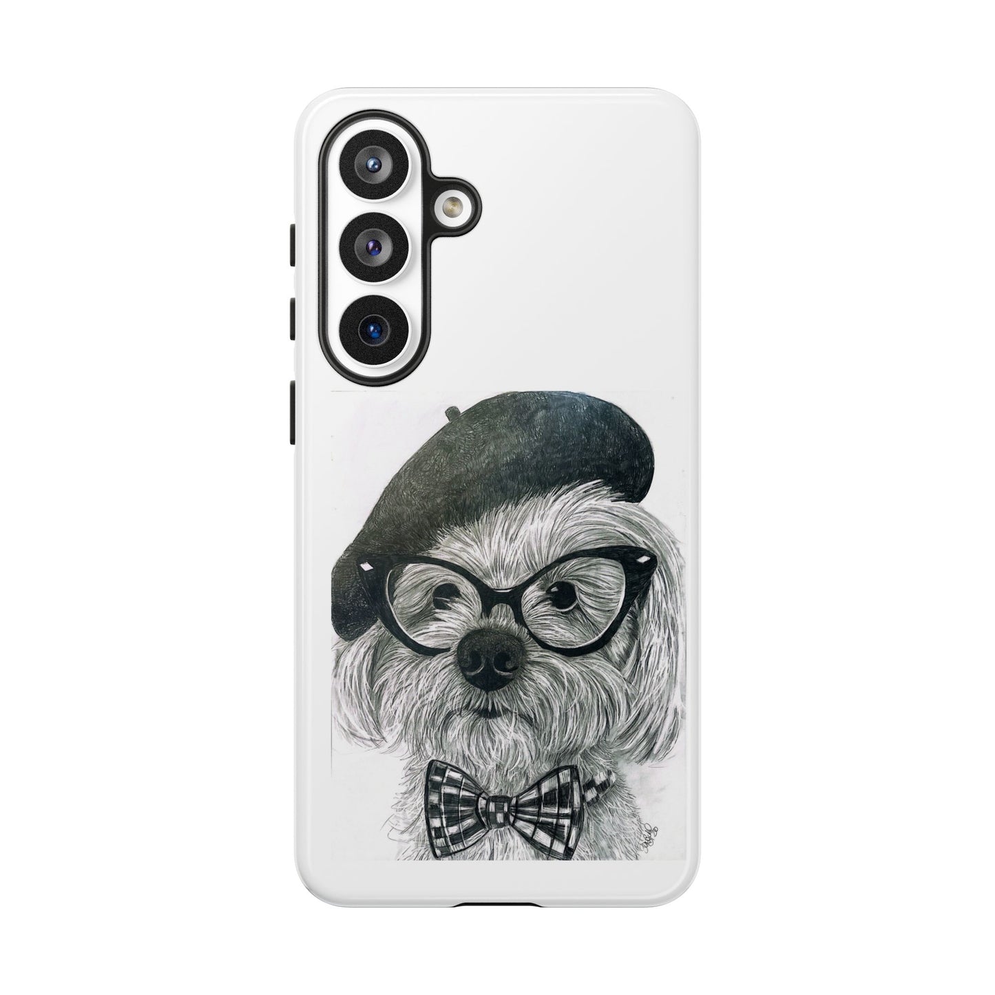 Dog Portrait Phone Case — Dexter with Beret, Glasses & Bow Tie
