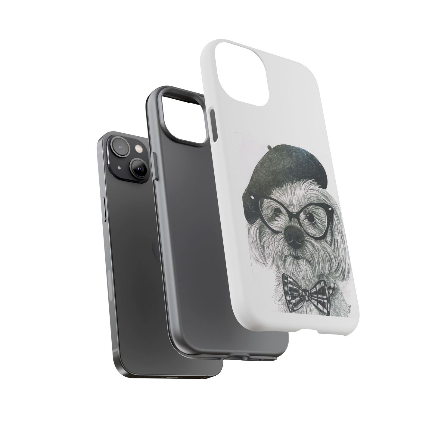 Dog Portrait Phone Case — Dexter with Beret, Glasses & Bow Tie