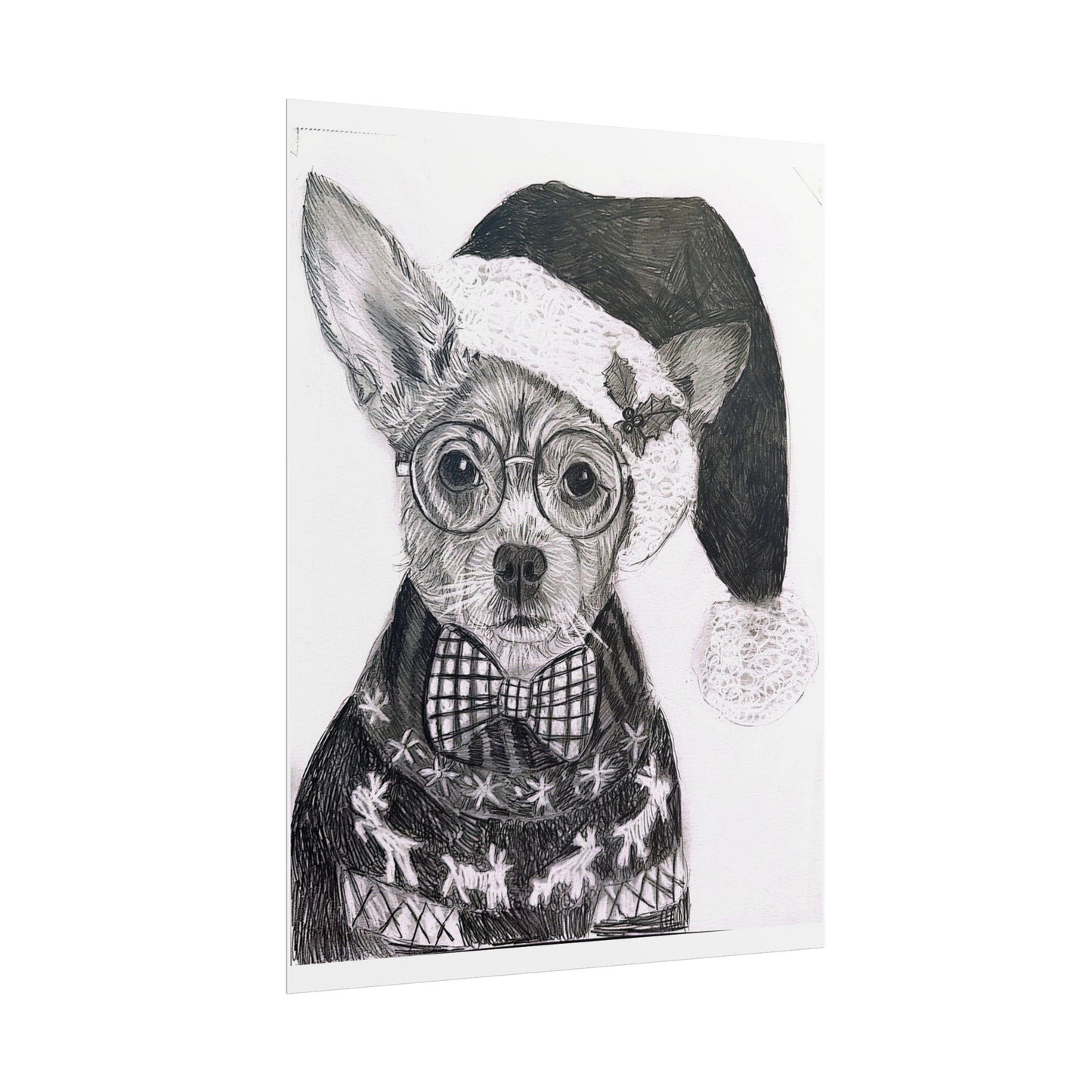 Brutus in Santa Hat Rolled Poster — Holiday Dog Art Print