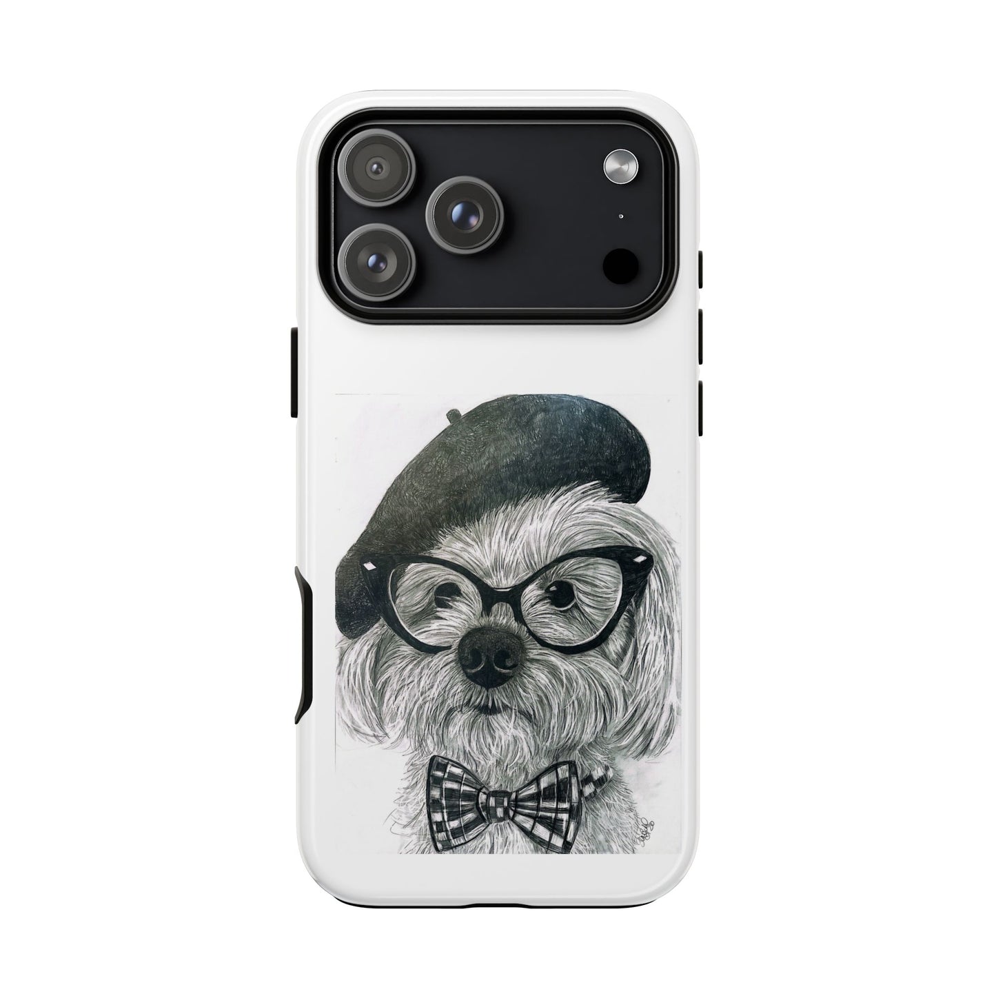 Dog Portrait Phone Case — Dexter with Beret, Glasses & Bow Tie