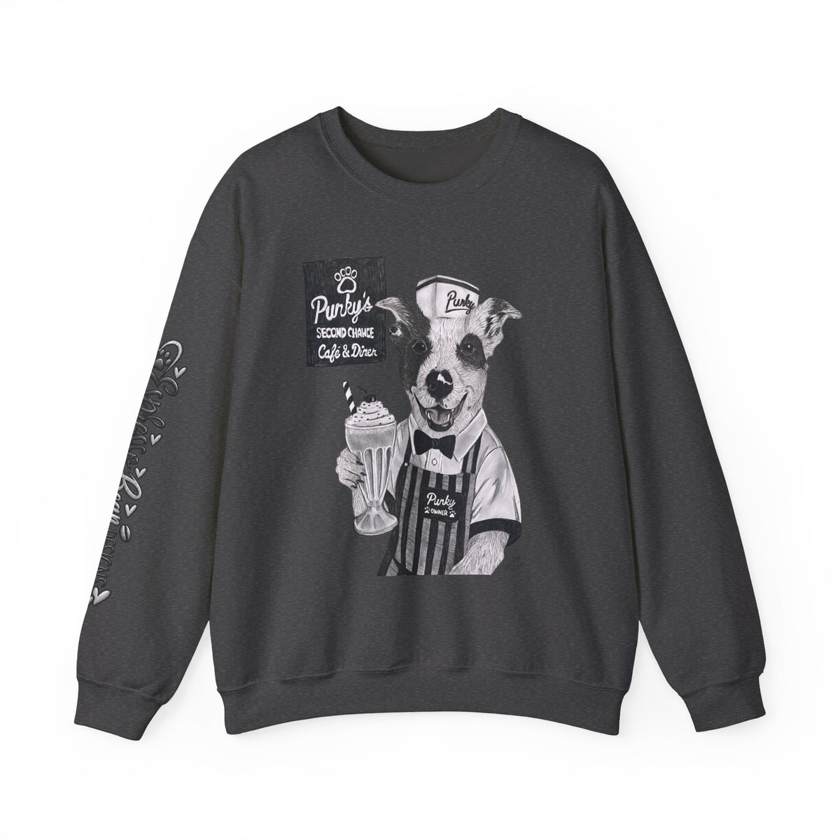 Dog Crewneck Sweatshirt — 'Meet Punky' Rescue Cafe Graphic
