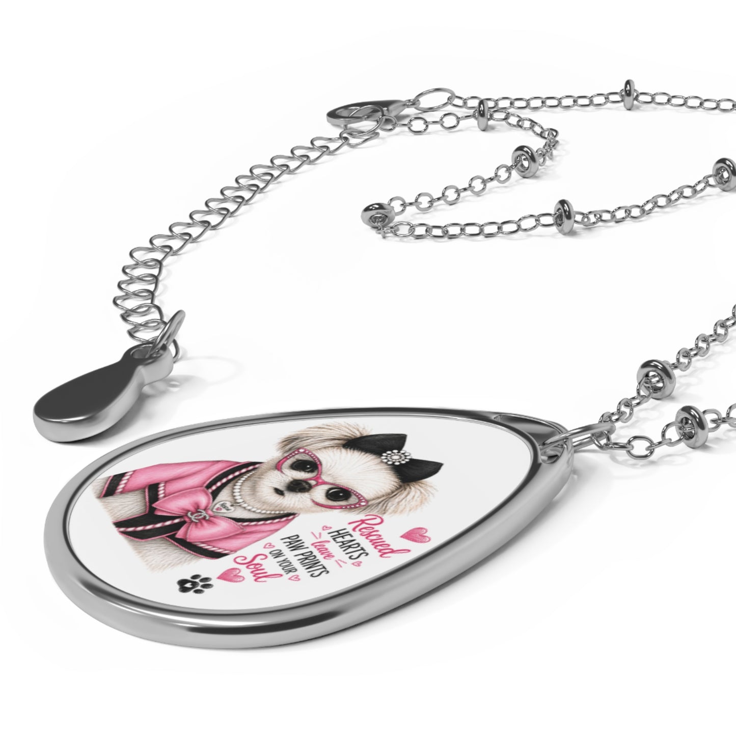 Oval Pendant Necklace - Cute Pink Dressed Dog "Rescue the Love" Engraved Jewelry Gift