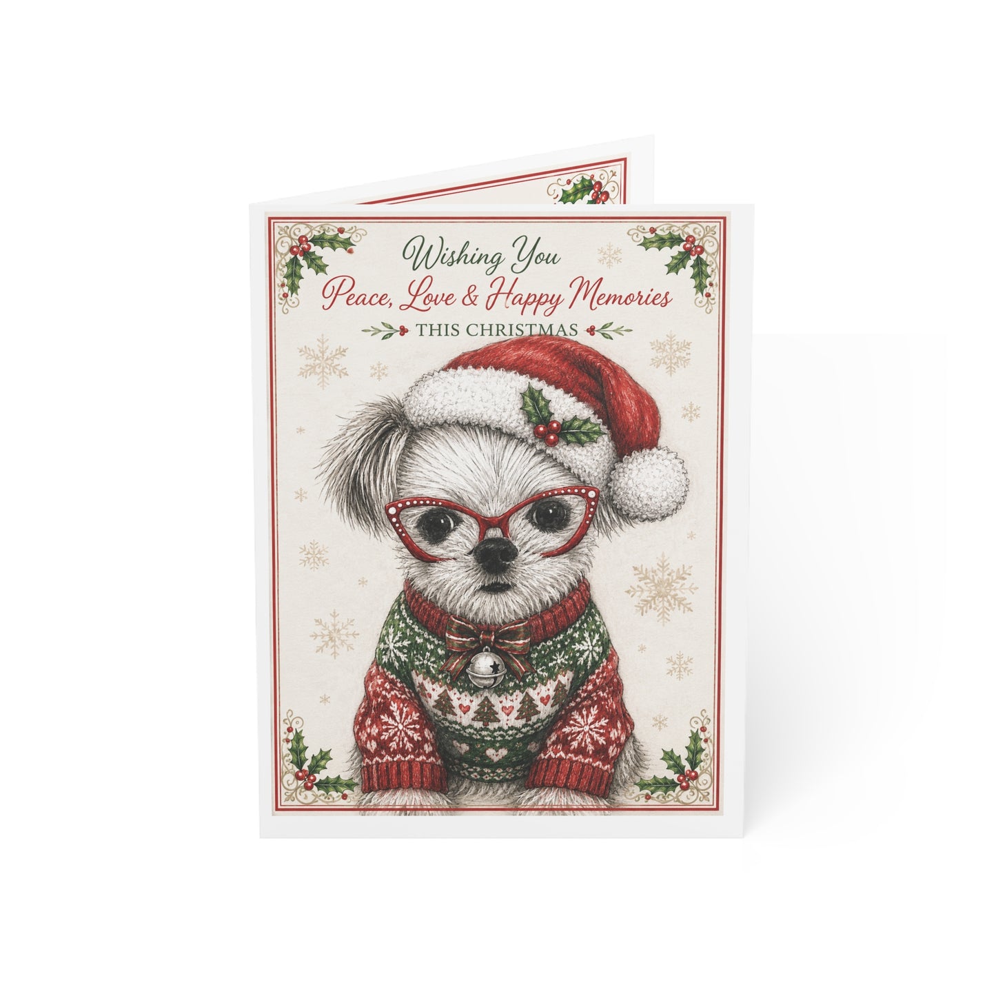 Christmas Puppy Holiday Greeting Cards — 'Wishing You Peace, Love & Happy Memories' (1/10/30/50pcs)