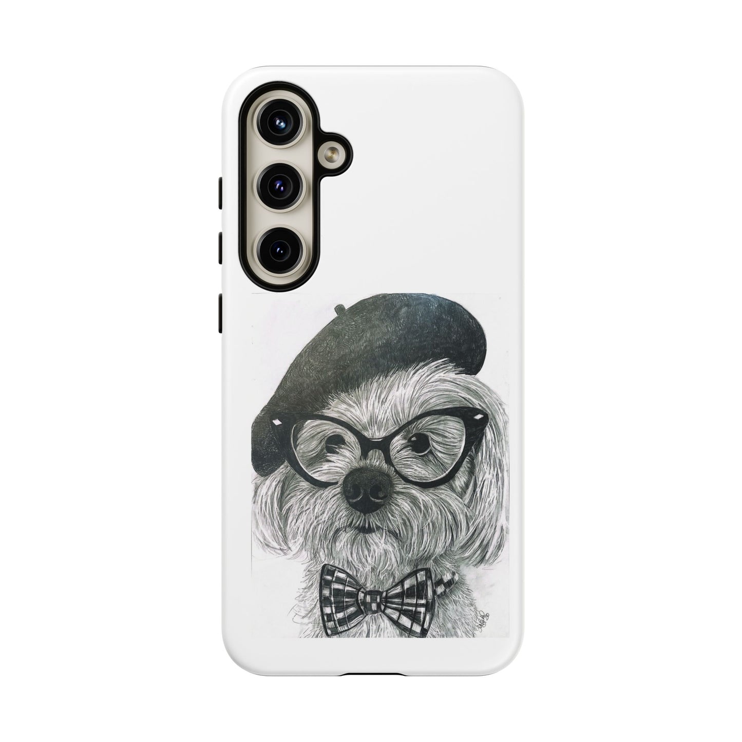 Dog Portrait Phone Case — Dexter with Beret, Glasses & Bow Tie