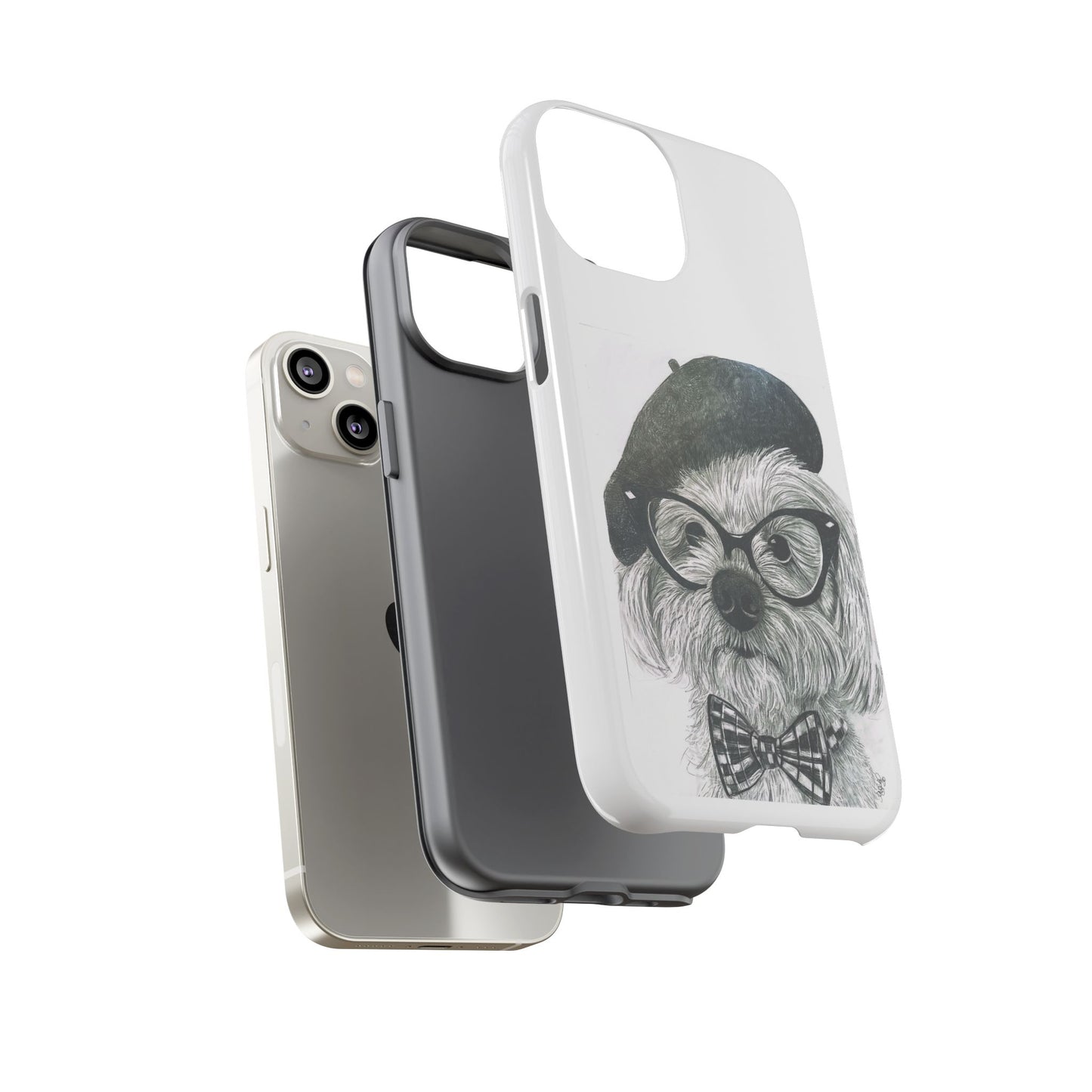 Dog Portrait Phone Case — Dexter with Beret, Glasses & Bow Tie