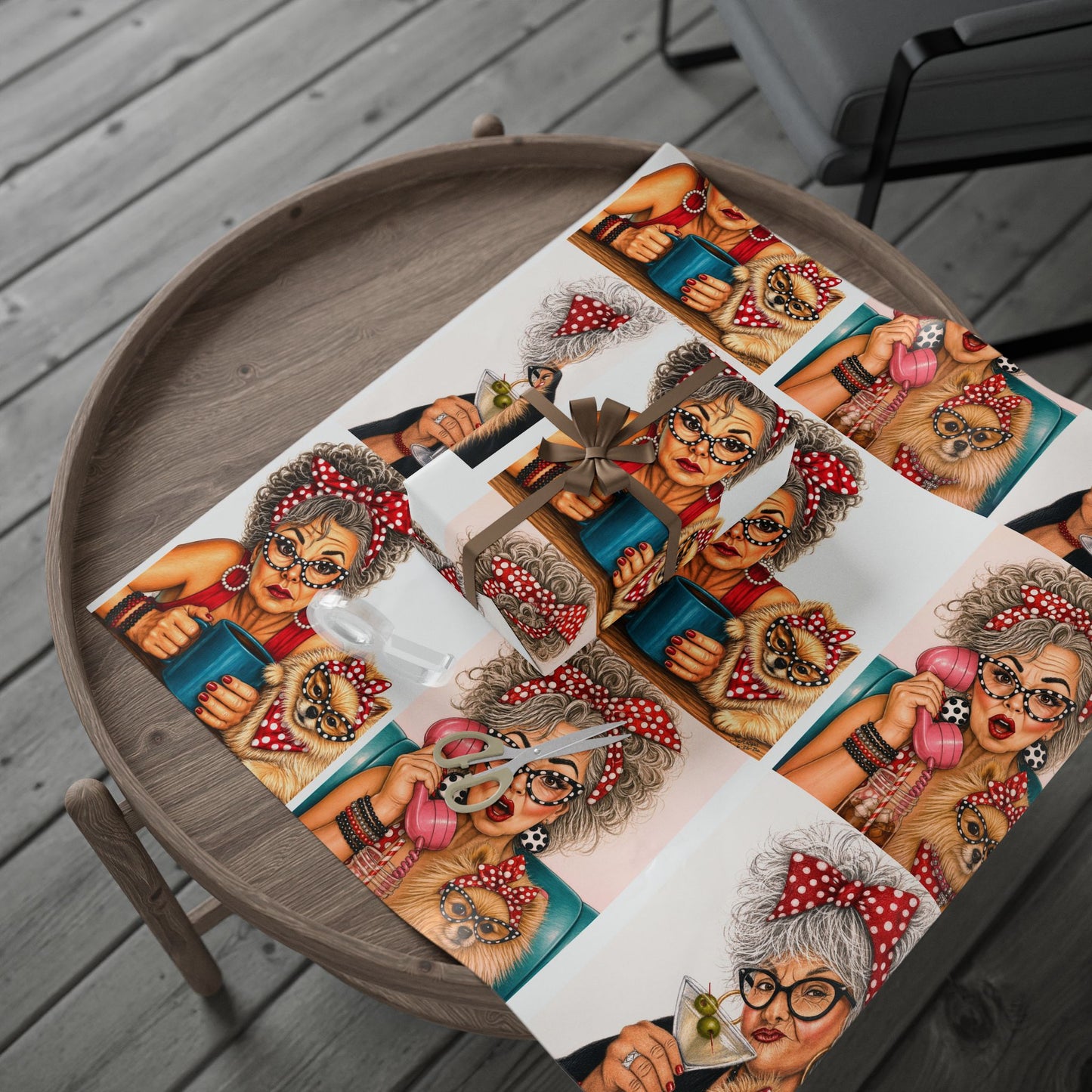 Wrapping Paper Perky Pearl and Latte — Retro Glam Portrait Pattern Gift Wrap