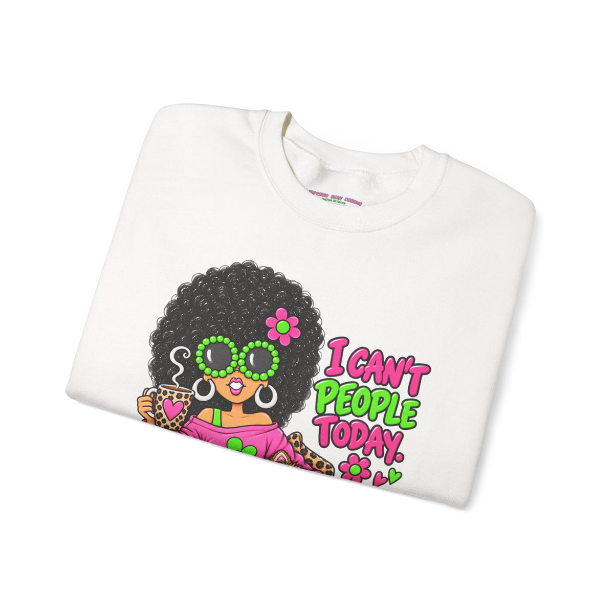 Crewneck Sweatshirt — Retro 'I Can't People Today' Girl & Leopard Graphic