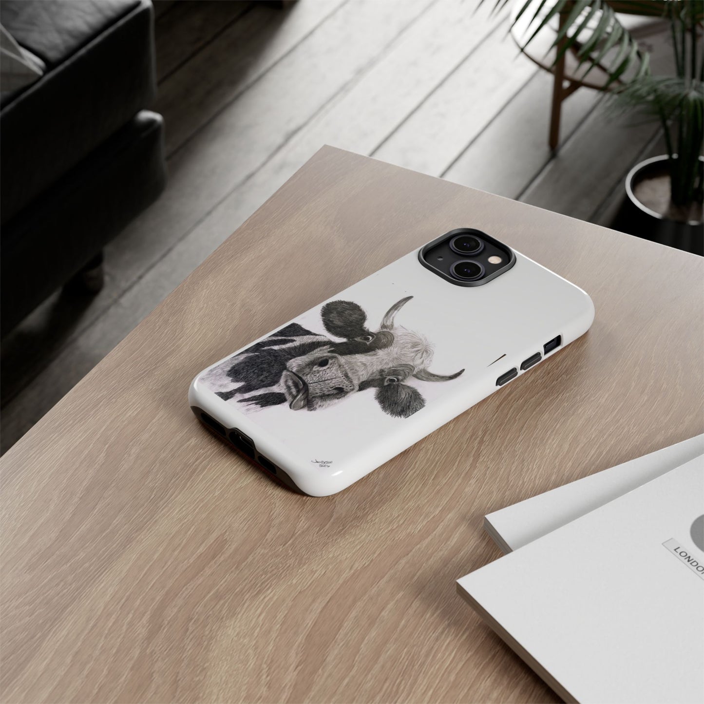 Cow Sketch Tough Phone Case — Protective iPhone Cover with Whimsical Cow Illustration