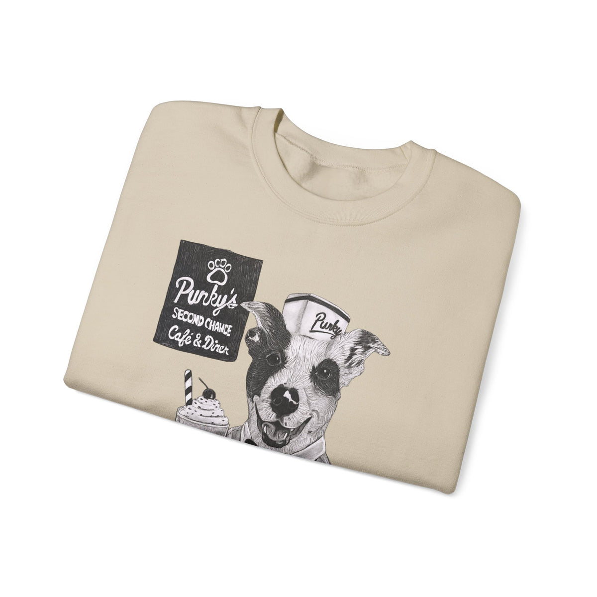 Dog Crewneck Sweatshirt — 'Meet Punky' Rescue Cafe Graphic