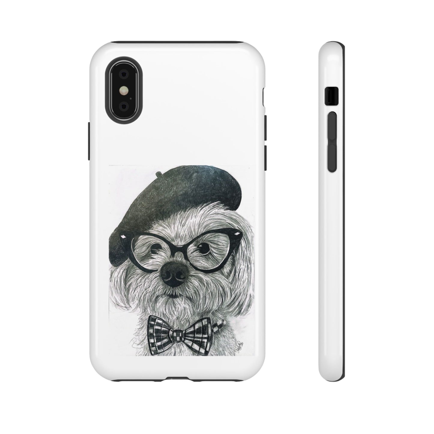 Dog Portrait Phone Case — Dexter with Beret, Glasses & Bow Tie