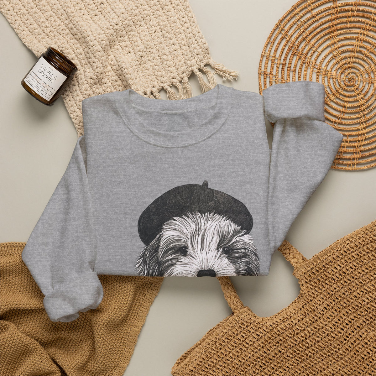 French Pup Pierre Coffee Sweatshirt — Cute Puppy in Beret Graphic Crewneck