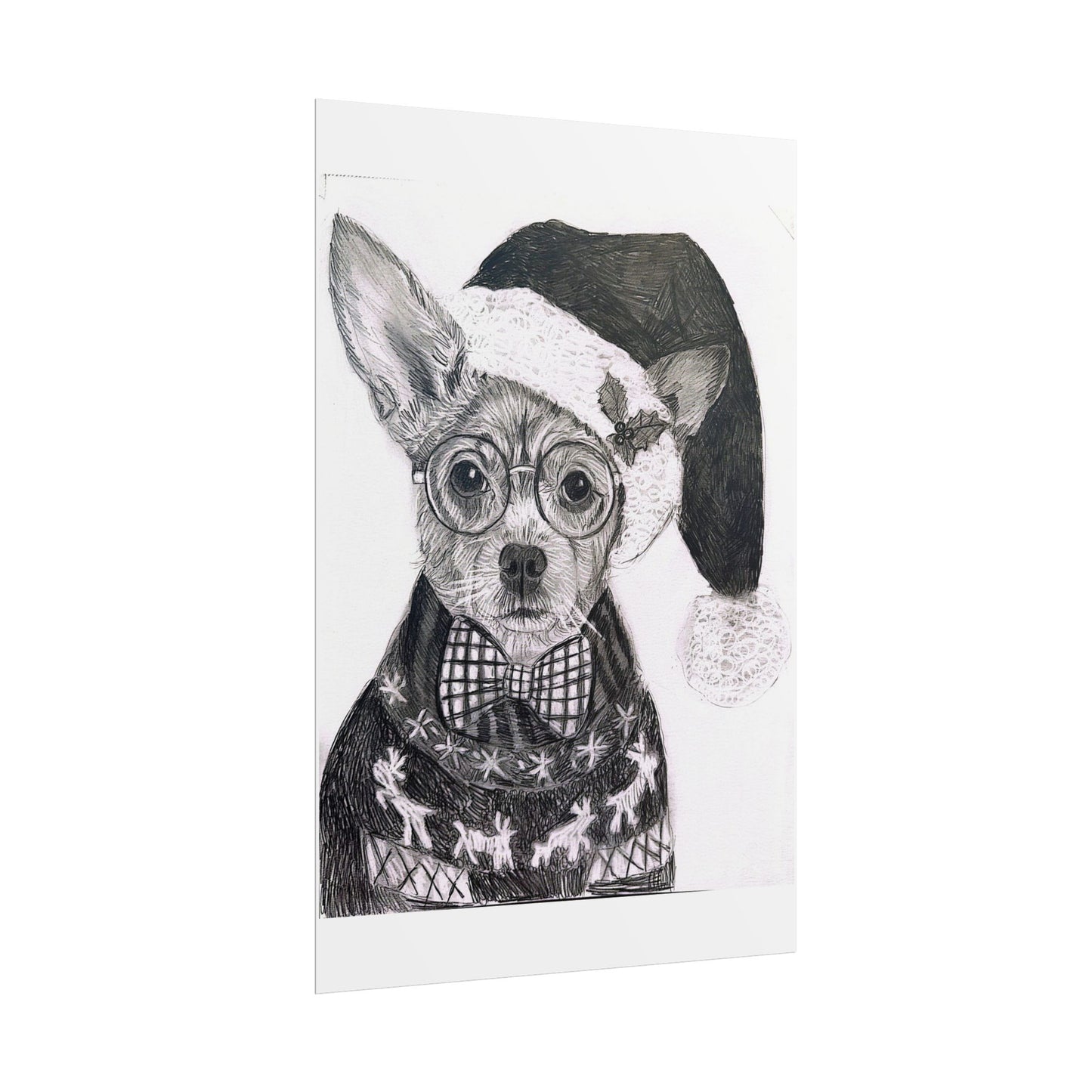Brutus in Santa Hat Rolled Poster — Holiday Dog Art Print