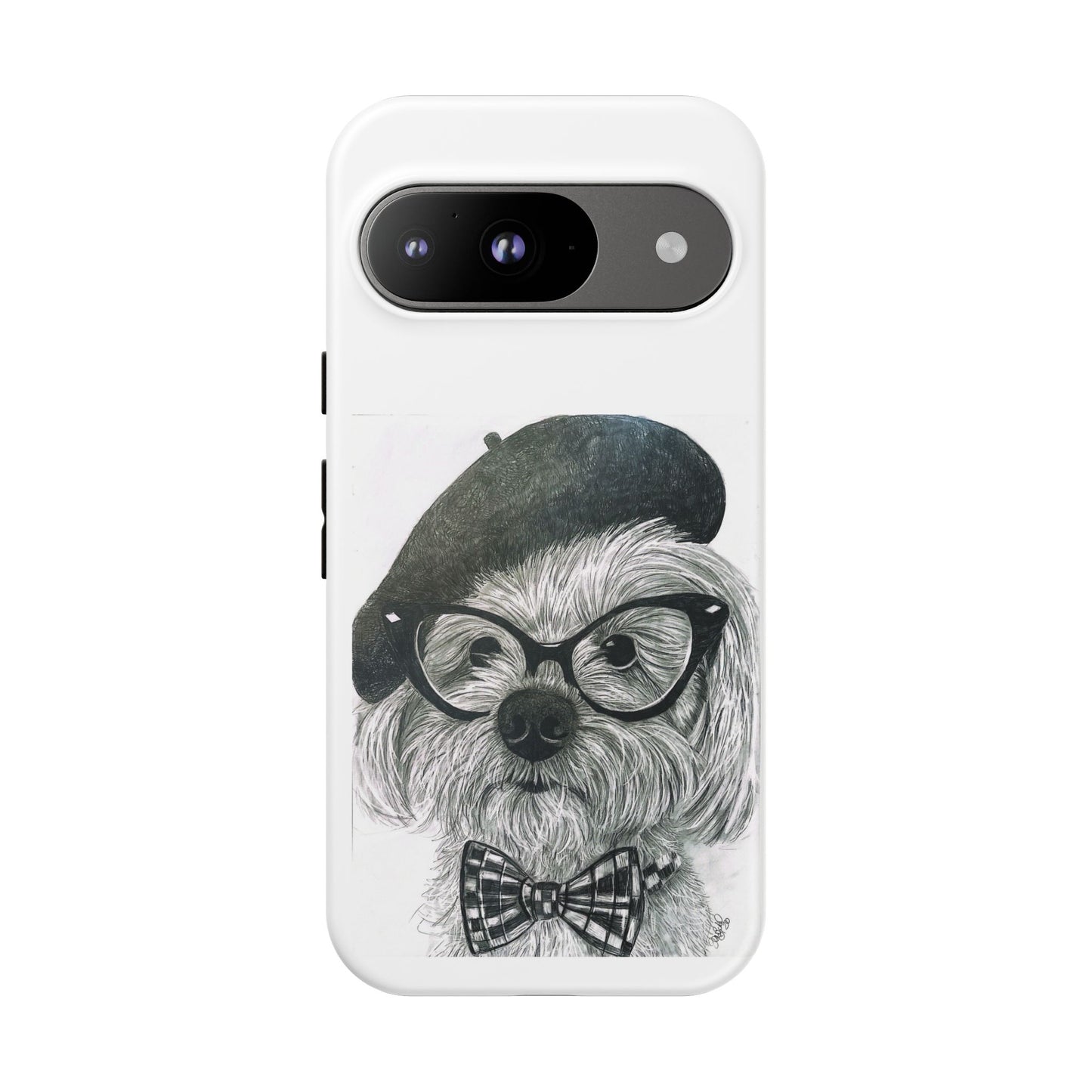 Dog Portrait Phone Case — Dexter with Beret, Glasses & Bow Tie