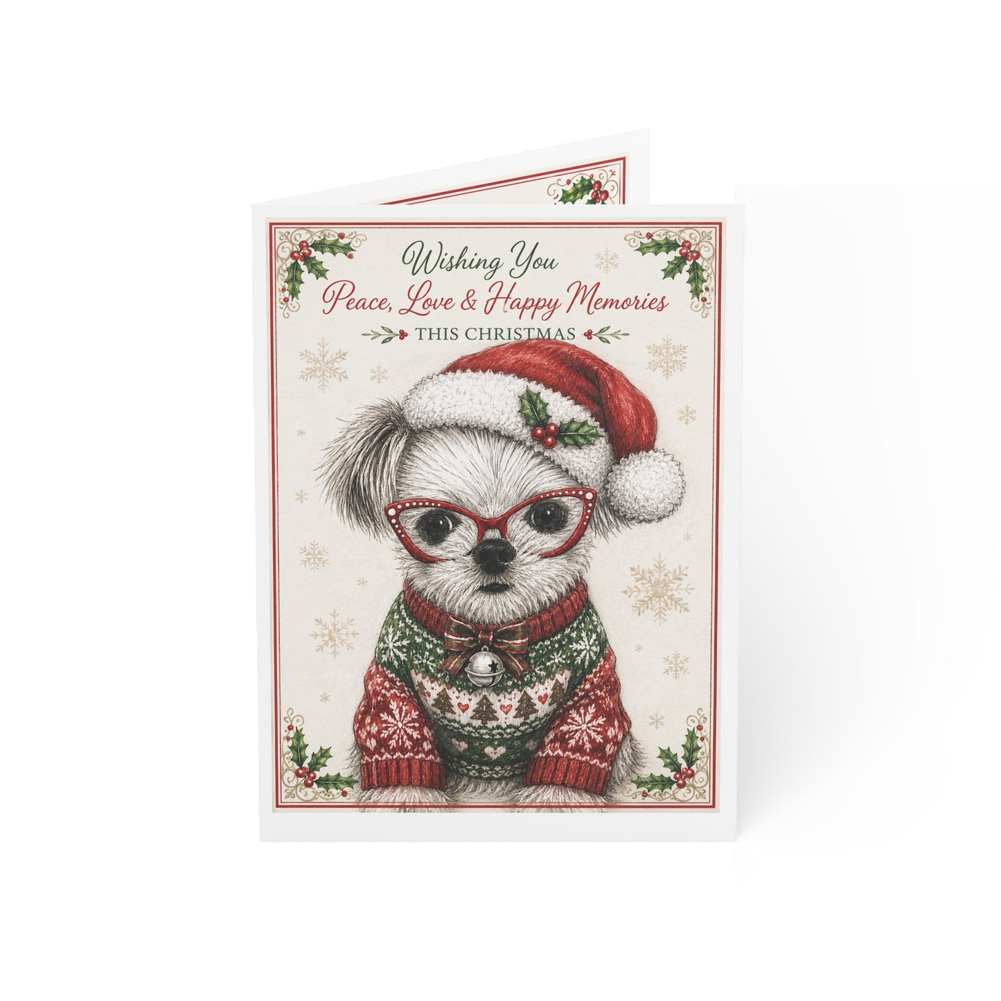 Christmas Puppy Holiday Greeting Cards — 'Wishing You Peace, Love & Happy Memories' (1/10/30/50pcs)