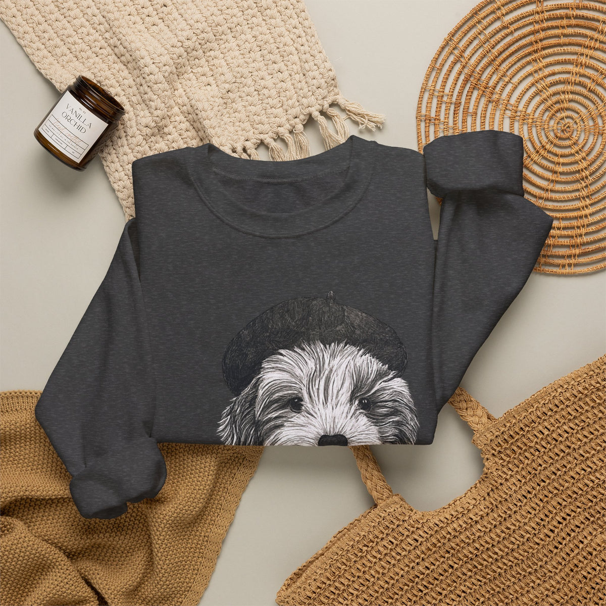 French Pup Pierre Coffee Sweatshirt — Cute Puppy in Beret Graphic Crewneck