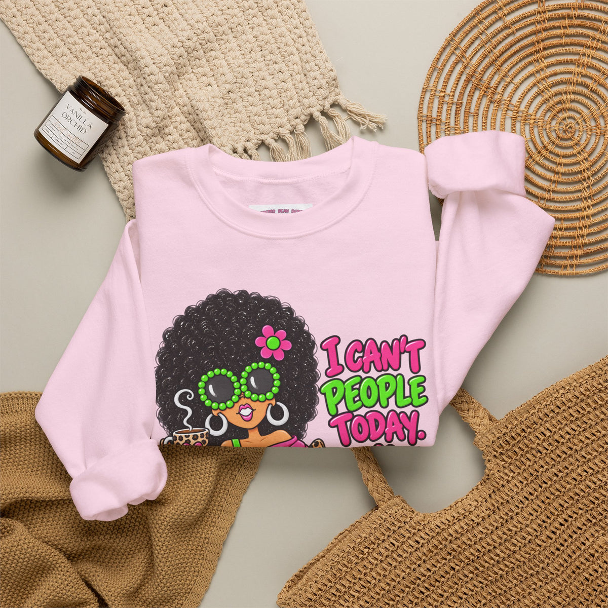 Crewneck Sweatshirt — Retro 'I Can't People Today' Girl & Leopard Graphic