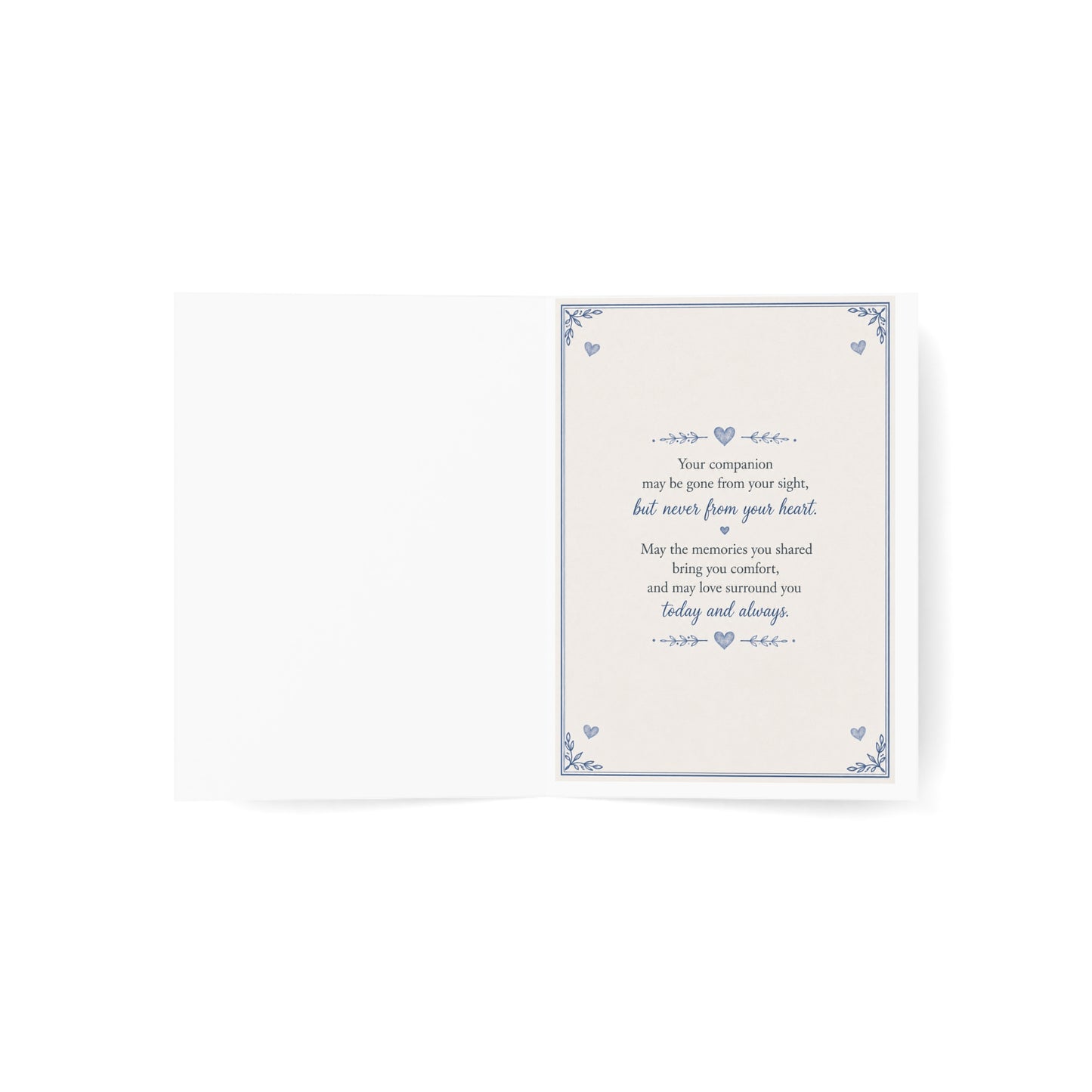 Pet Sympathy Greeting Card — “You Left Paw Prints on Our Hearts” Memorial Card (Single or Bulk)