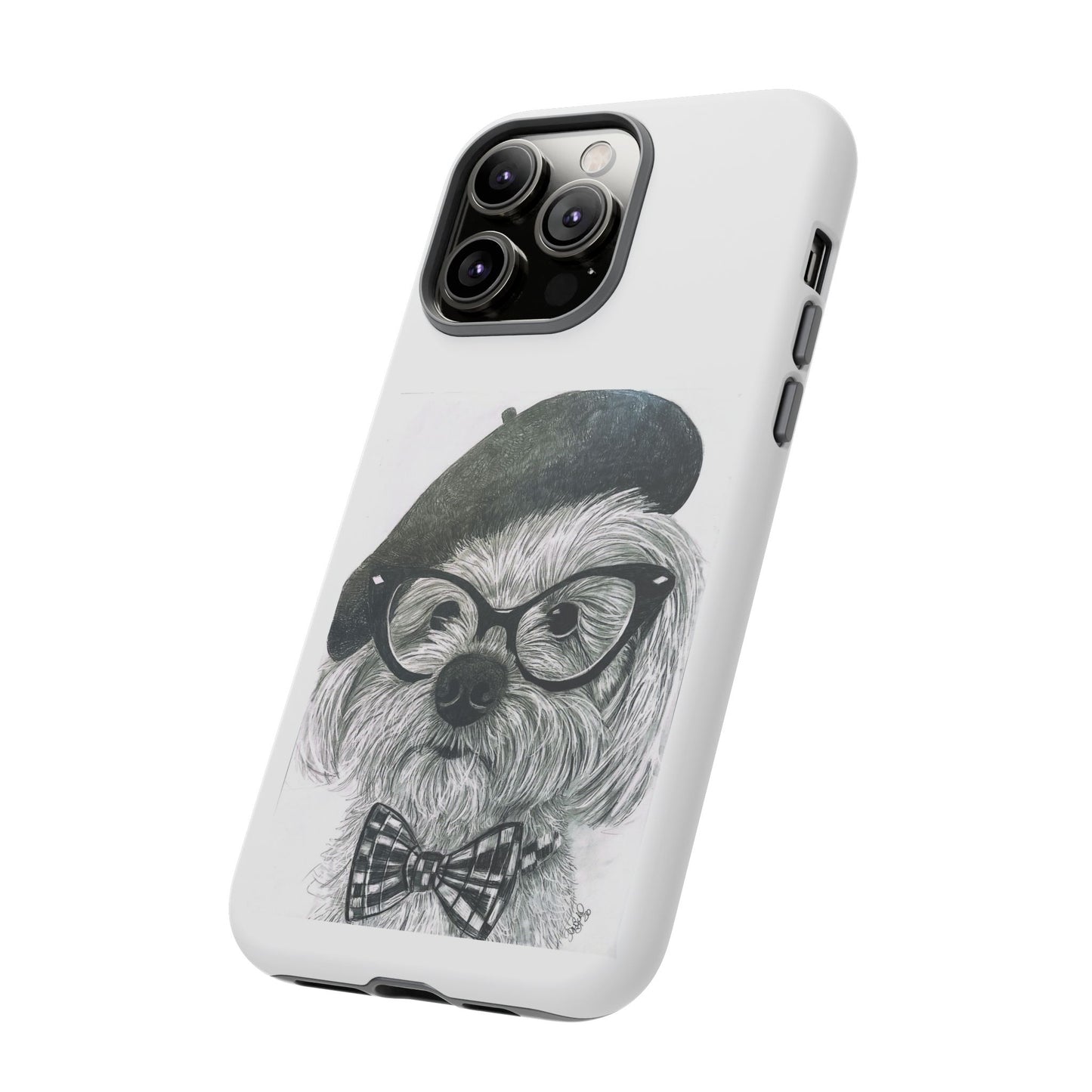 Dog Portrait Phone Case — Dexter with Beret, Glasses & Bow Tie