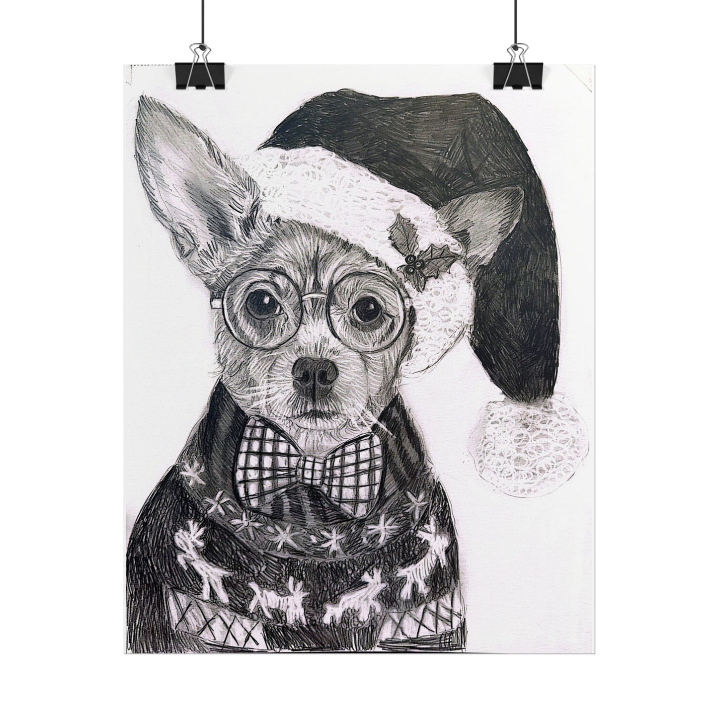 Brutus in Santa Hat Rolled Poster — Holiday Dog Art Print
