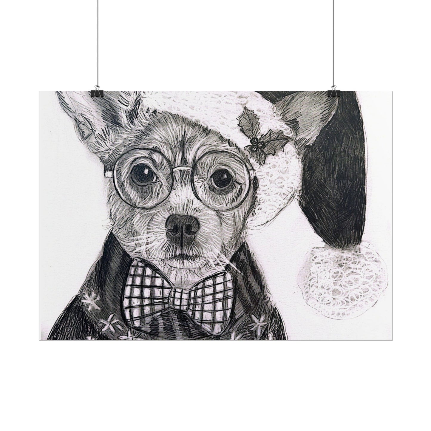 Brutus in Santa Hat Rolled Poster — Holiday Dog Art Print
