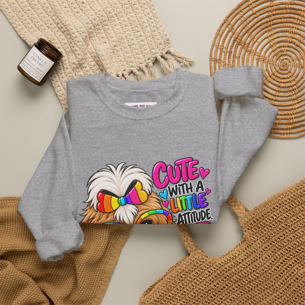 Cute Dog Crewneck Sweatshirt — "Cute With A Little Attitude" Colorful Puppy Design
