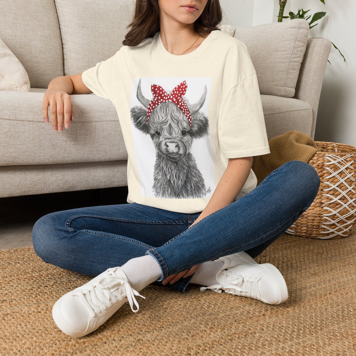 Highland Cow T-Shirt — Cute Cow Face with Red Polka Dot Bandana