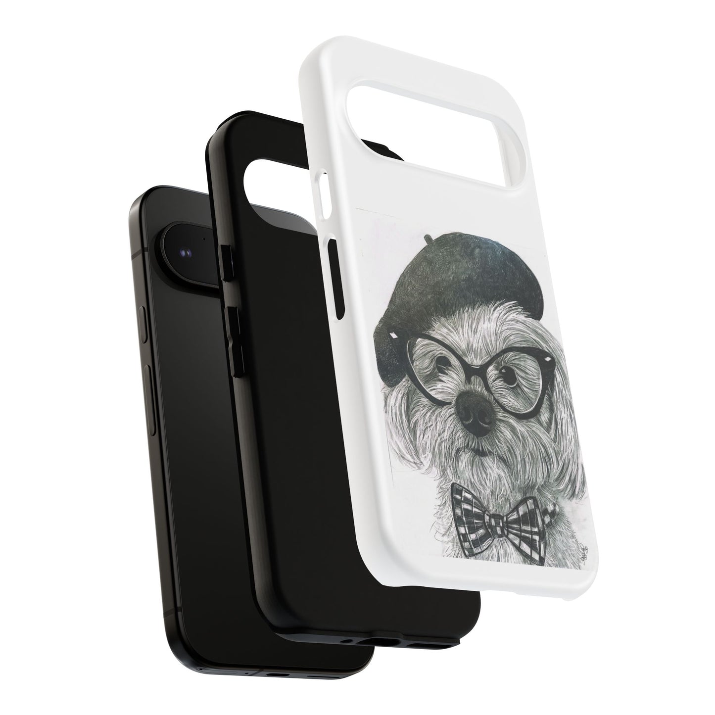 Dog Portrait Phone Case — Dexter with Beret, Glasses & Bow Tie