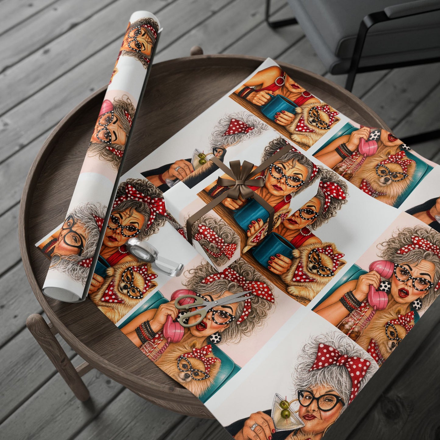 Wrapping Paper Perky Pearl and Latte — Retro Glam Portrait Pattern Gift Wrap