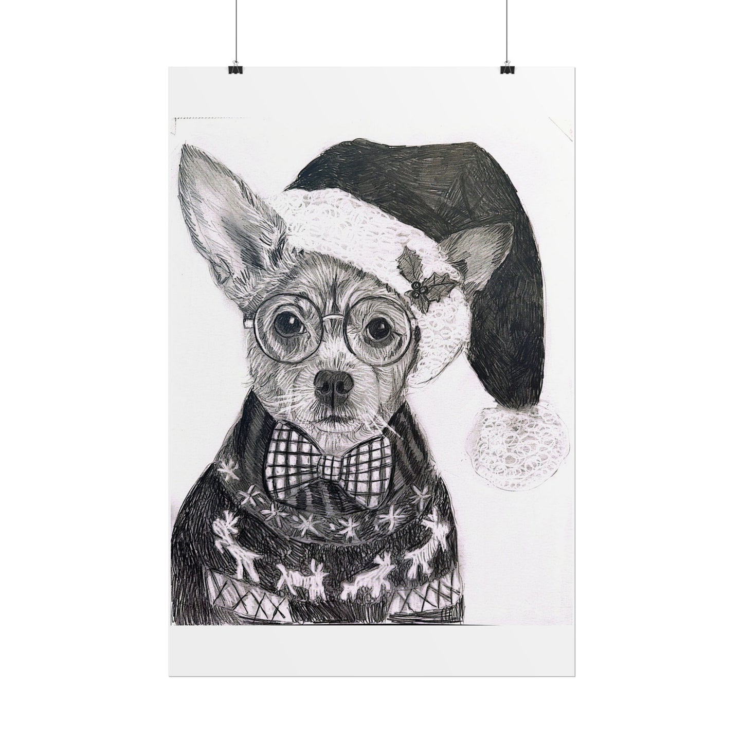 Brutus in Santa Hat Rolled Poster — Holiday Dog Art Print