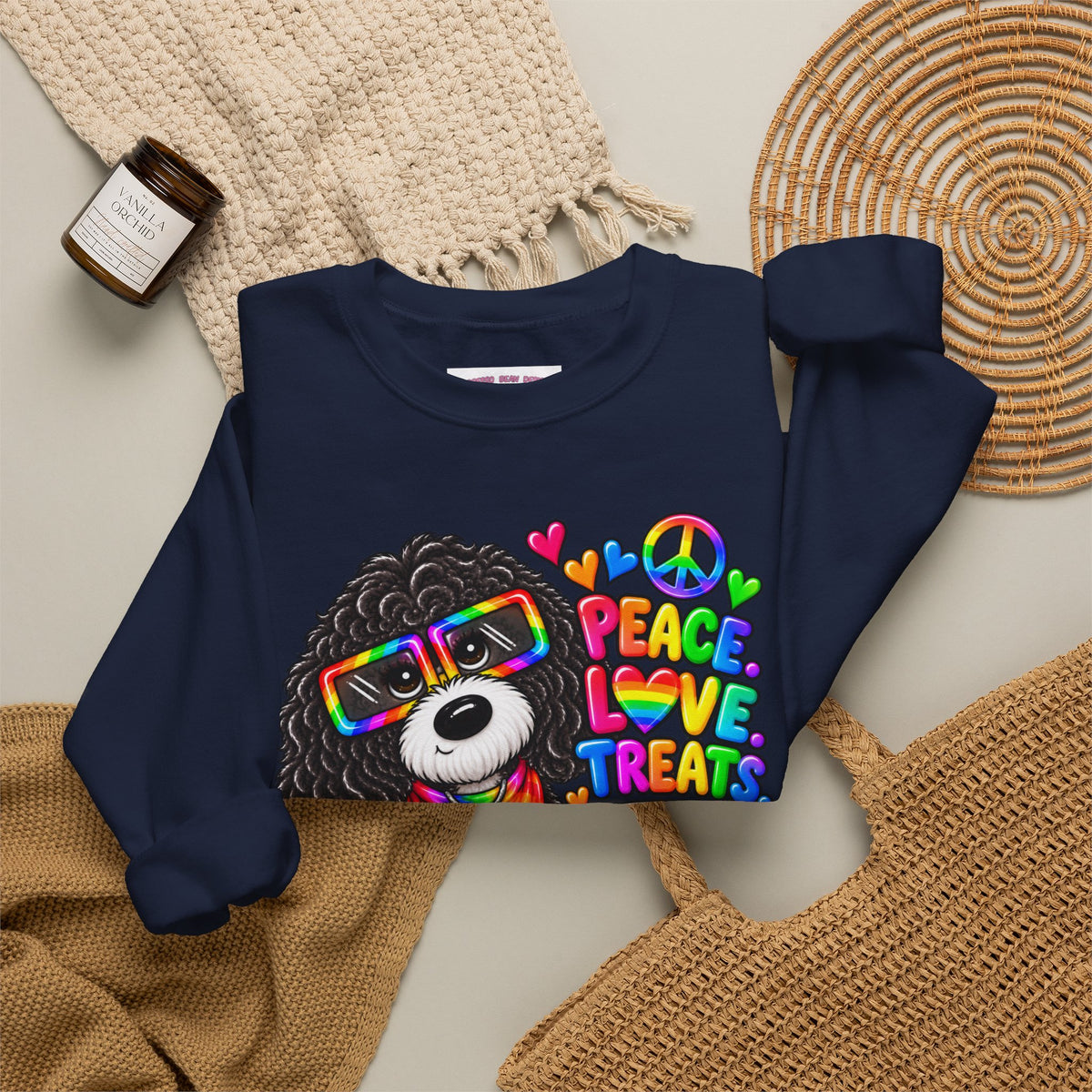 Peace, Love & Treats Dog Sweatshirt — Retro Hippie Puppy Crewneck