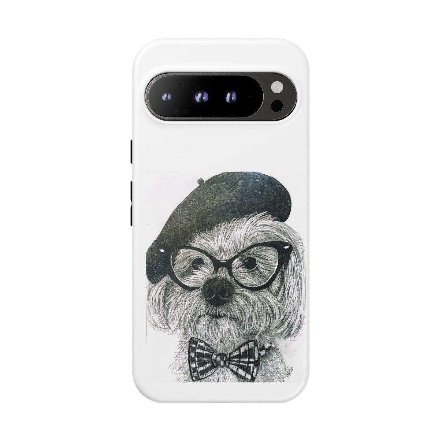 Dog Portrait Phone Case — Dexter with Beret, Glasses & Bow Tie