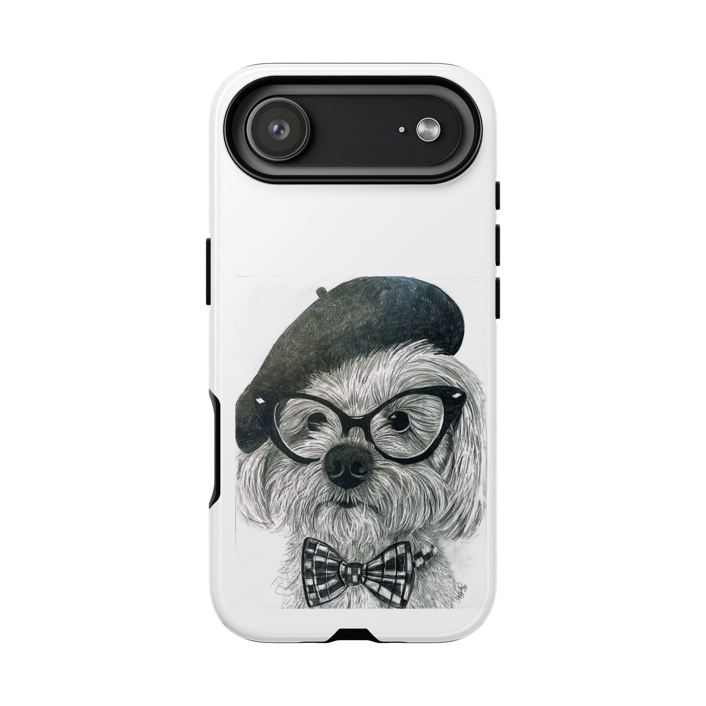 Dog Portrait Phone Case — Dexter with Beret, Glasses & Bow Tie
