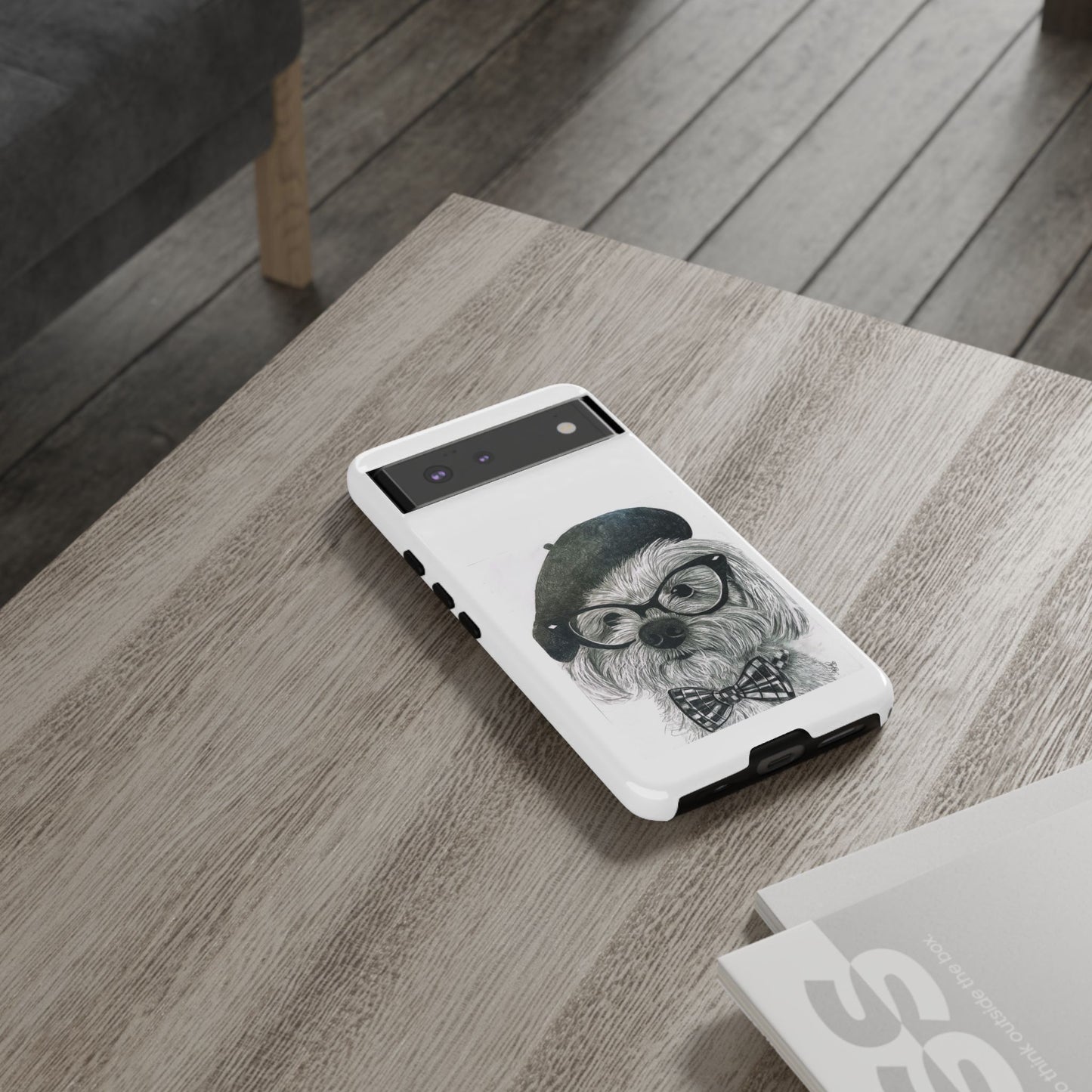 Dog Portrait Phone Case — Dexter with Beret, Glasses & Bow Tie