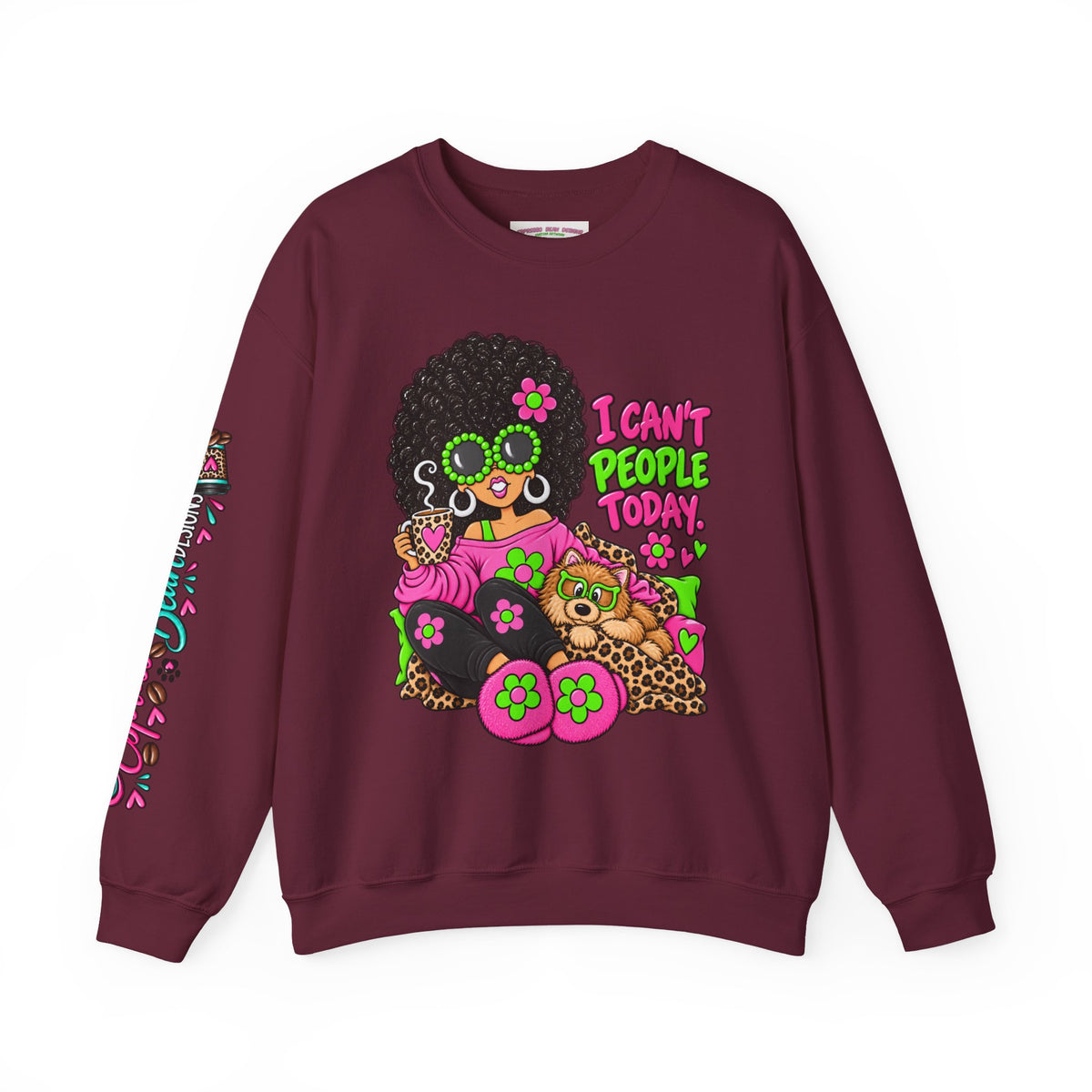Crewneck Sweatshirt — Retro 'I Can't People Today' Girl & Leopard Graphic