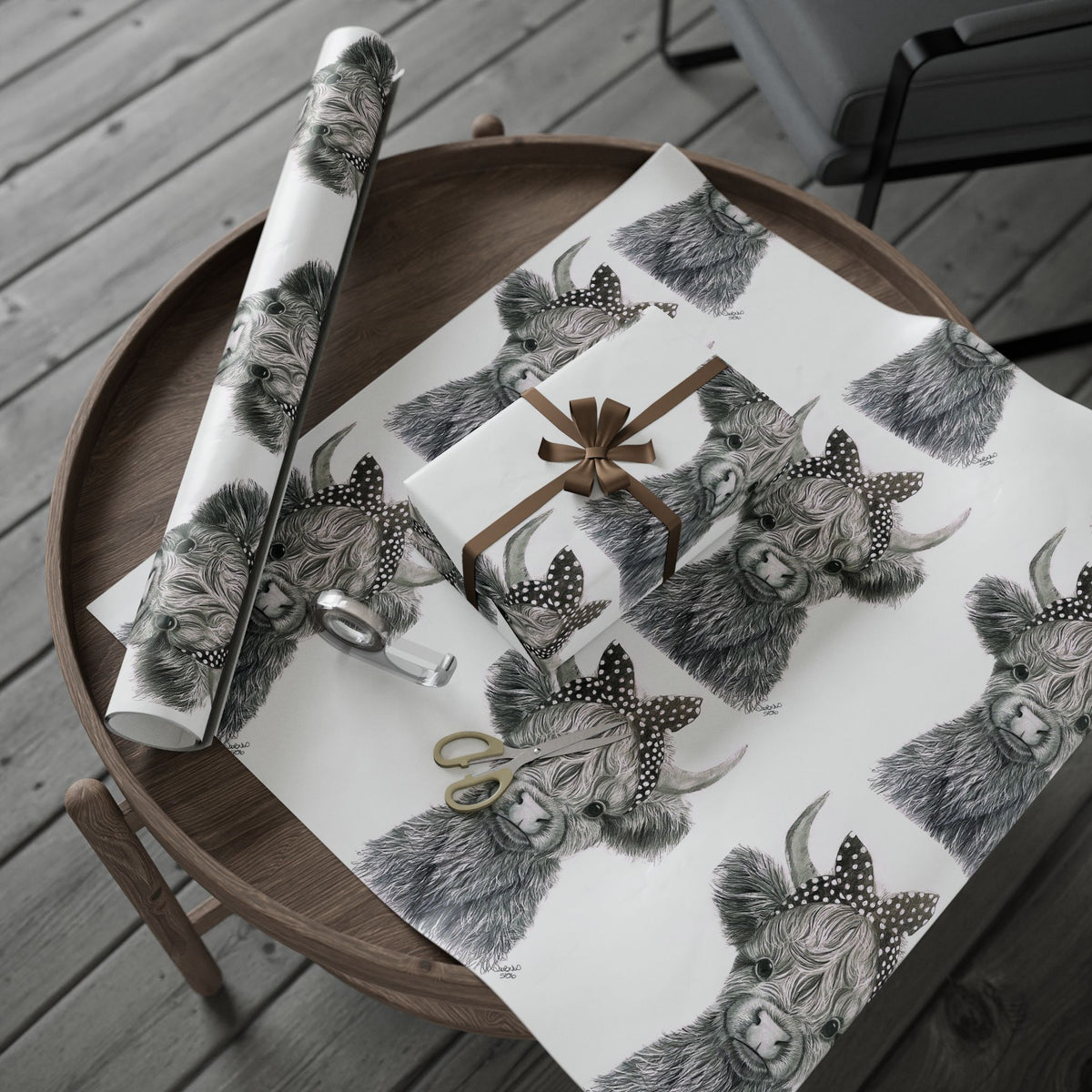 Highland Cow Wrapping Paper Roll — Black & White Highland Cattle Gift Wrap