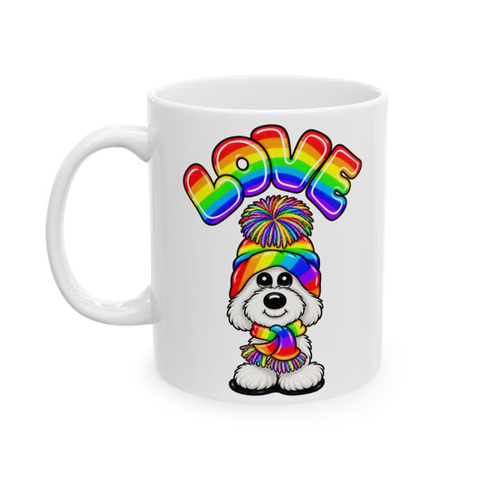 White doggie Love Rainbow Mug — Cute Pride Ceramic Coffee Cup (11oz/15oz)