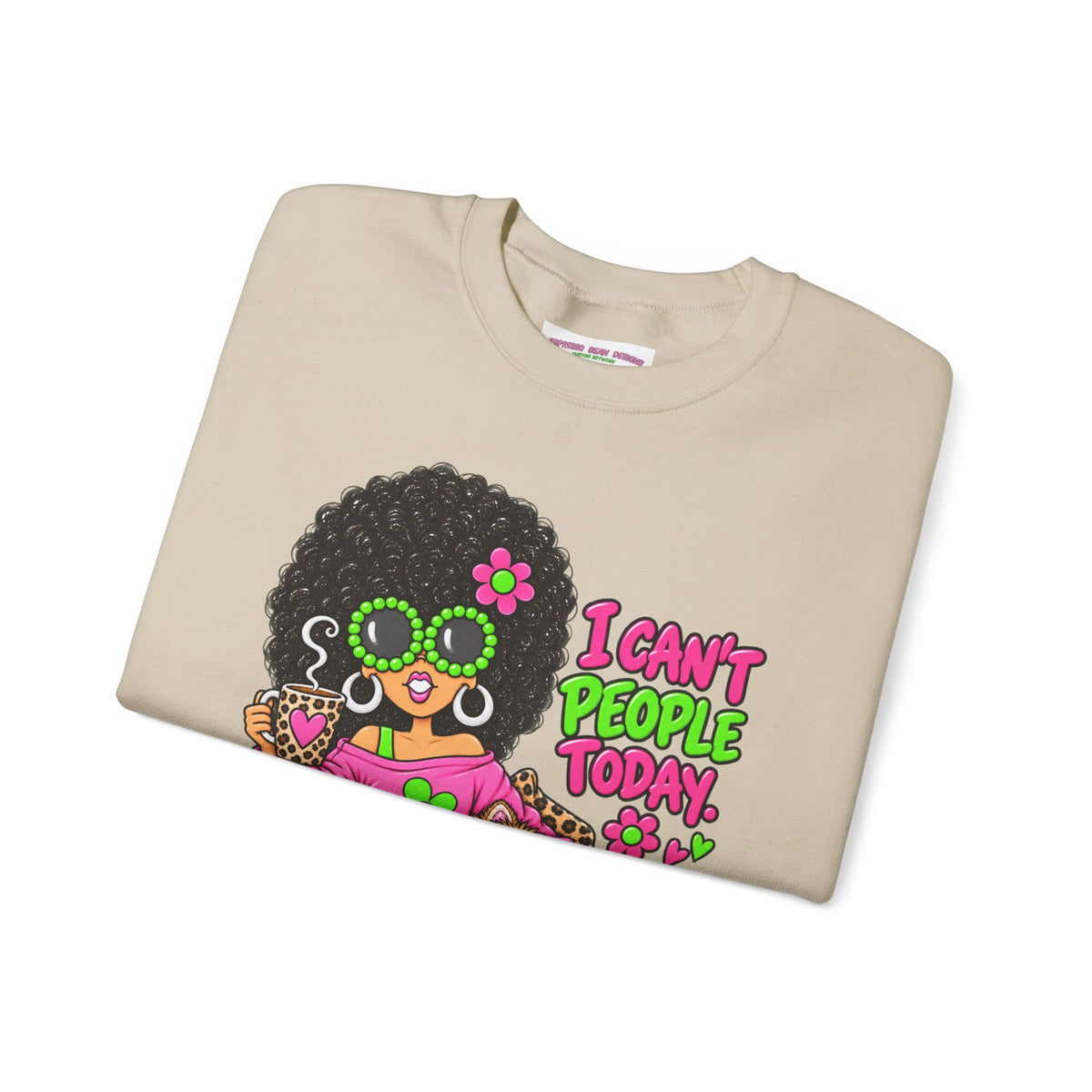 Crewneck Sweatshirt — Retro 'I Can't People Today' Girl & Leopard Graphic
