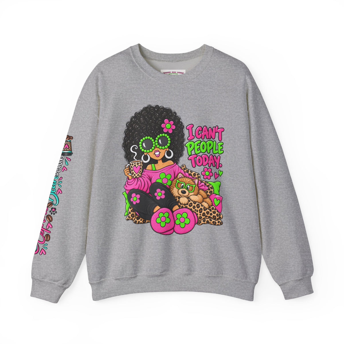 Crewneck Sweatshirt — Retro 'I Can't People Today' Girl & Leopard Graphic