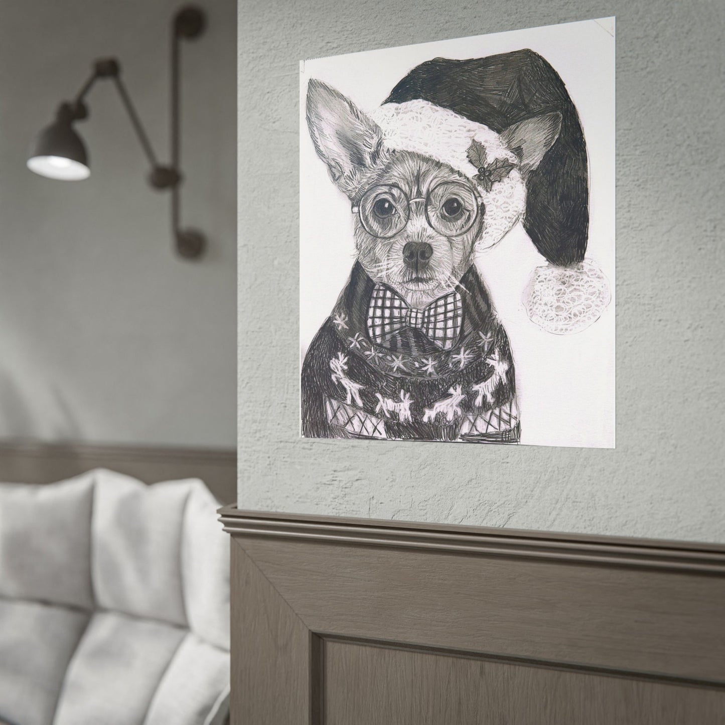 Brutus in Santa Hat Rolled Poster — Holiday Dog Art Print
