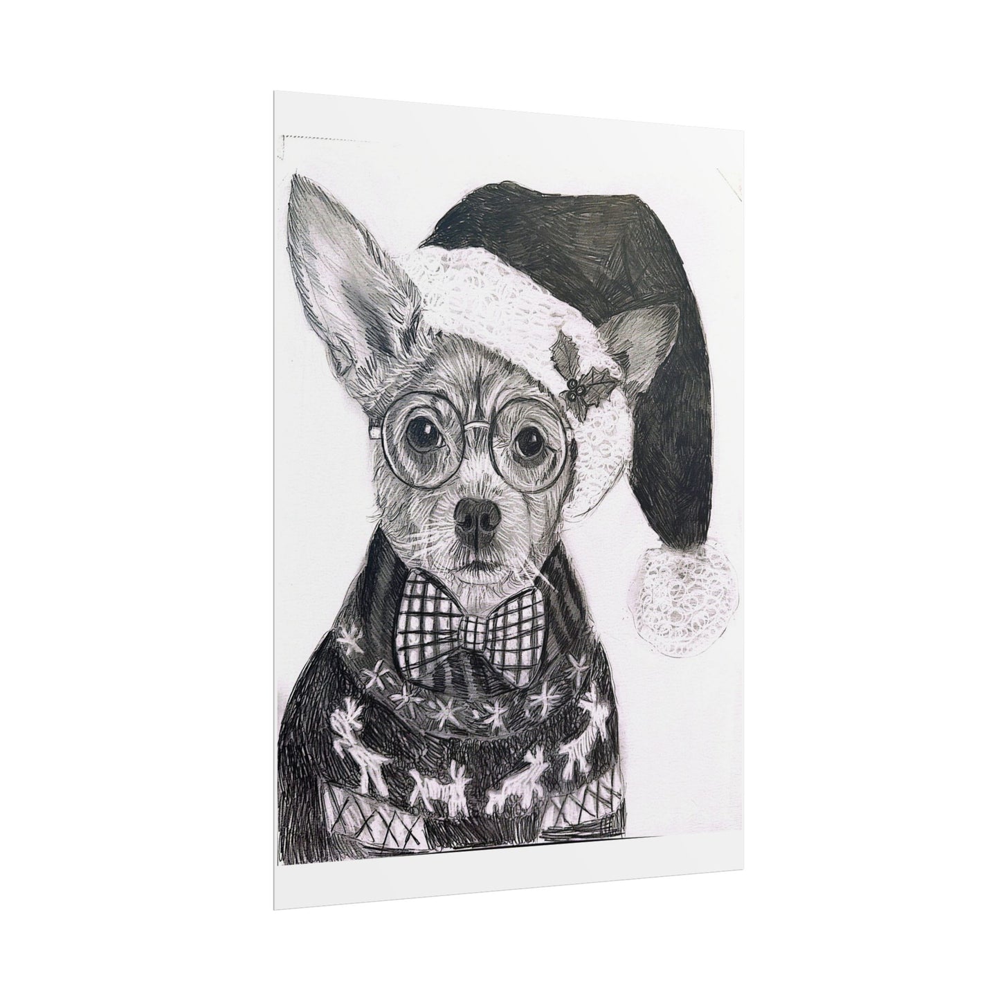 Brutus in Santa Hat Rolled Poster — Holiday Dog Art Print