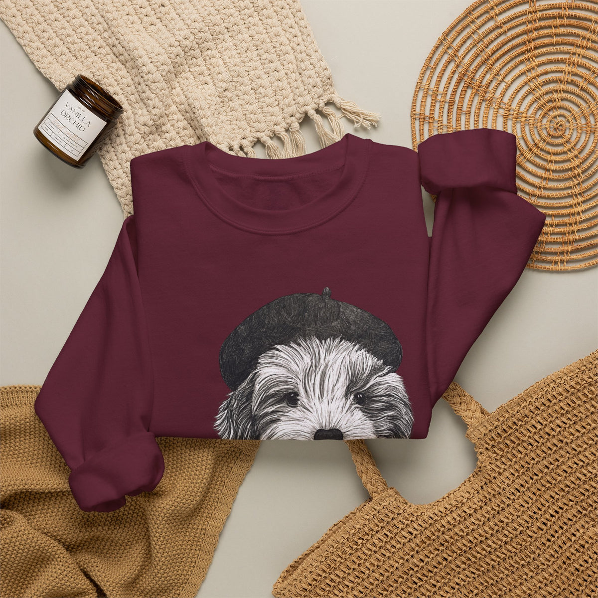 French Pup Pierre Coffee Sweatshirt — Cute Puppy in Beret Graphic Crewneck