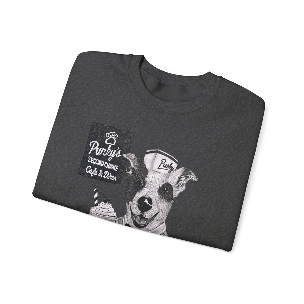Dog Crewneck Sweatshirt — 'Meet Punky' Rescue Cafe Graphic