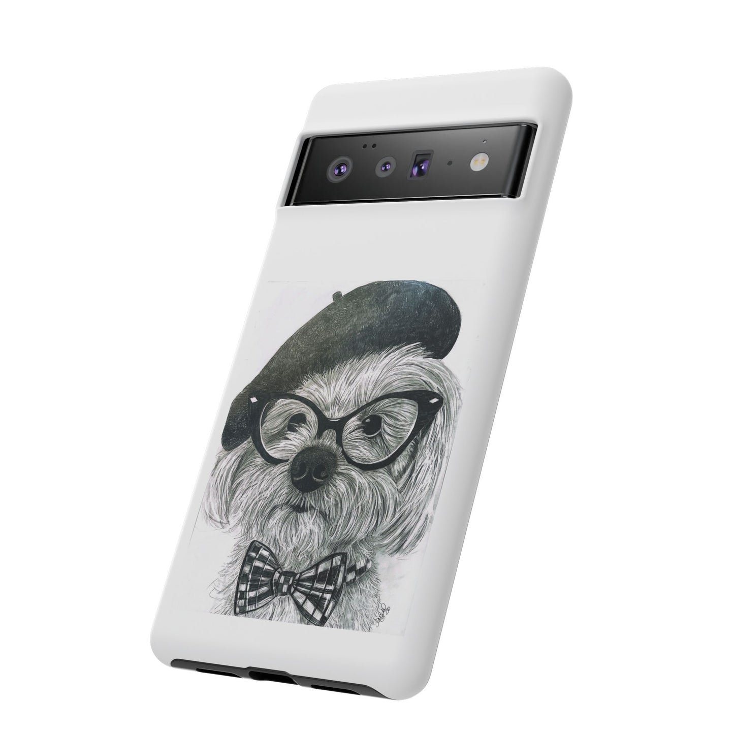 Dog Portrait Phone Case — Dexter with Beret, Glasses & Bow Tie